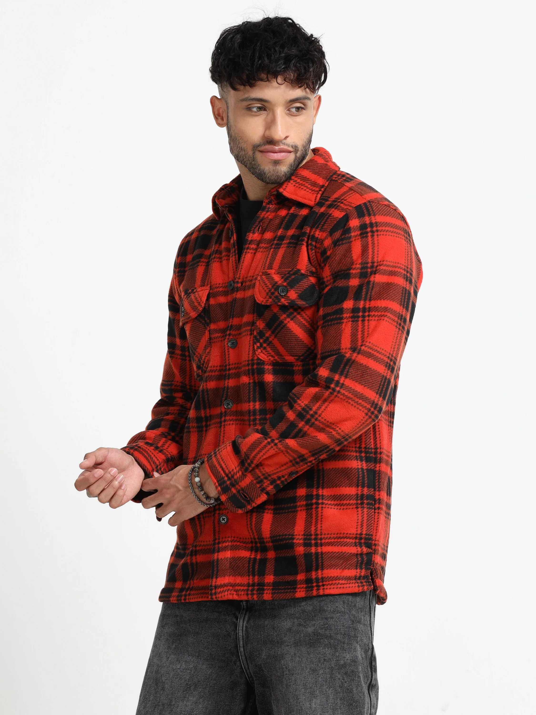 Men Orange Polar Fleece Shacket - Image 8