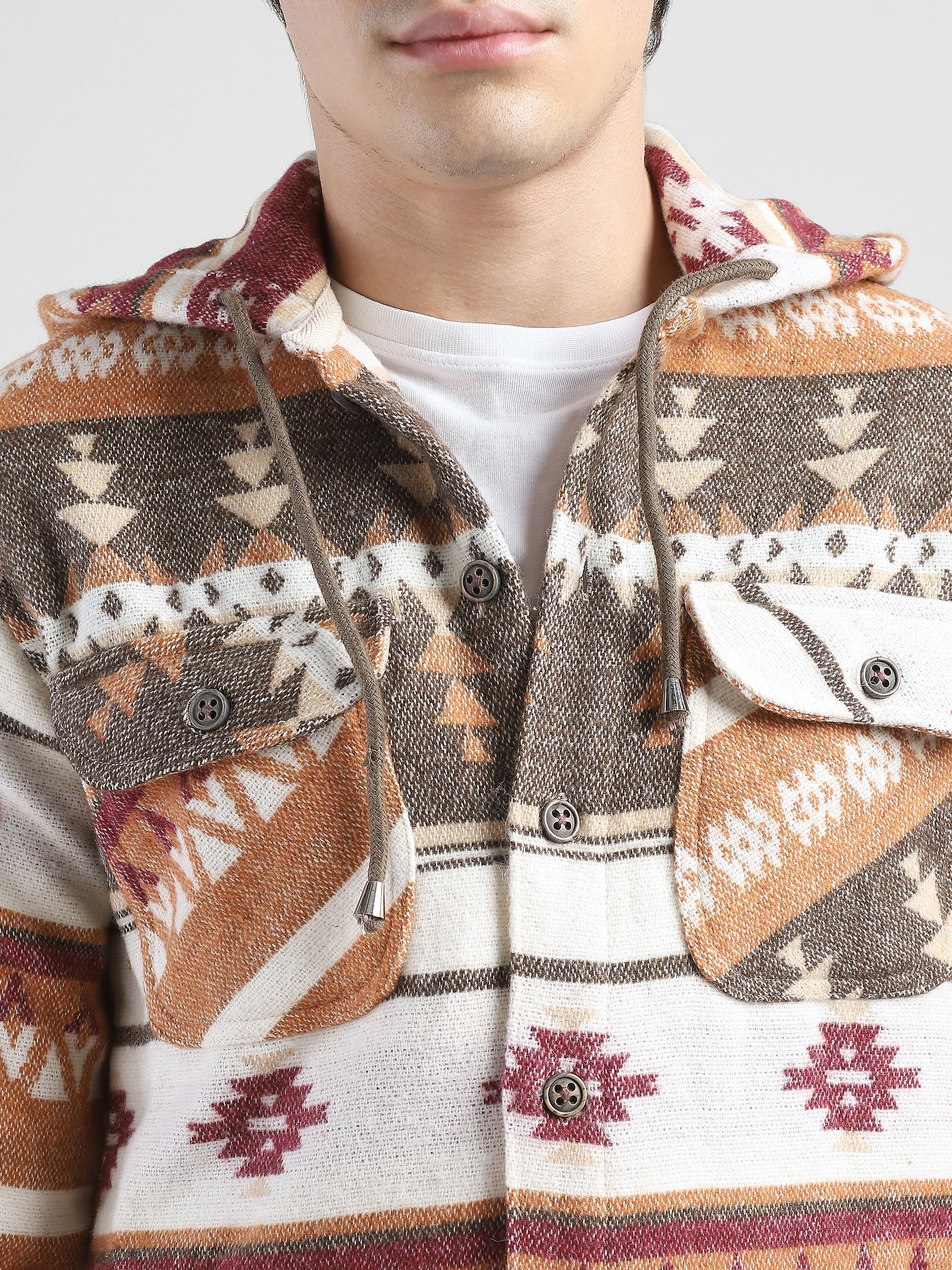 Men Orange Brown Comfort Fit Shacket - Image 3