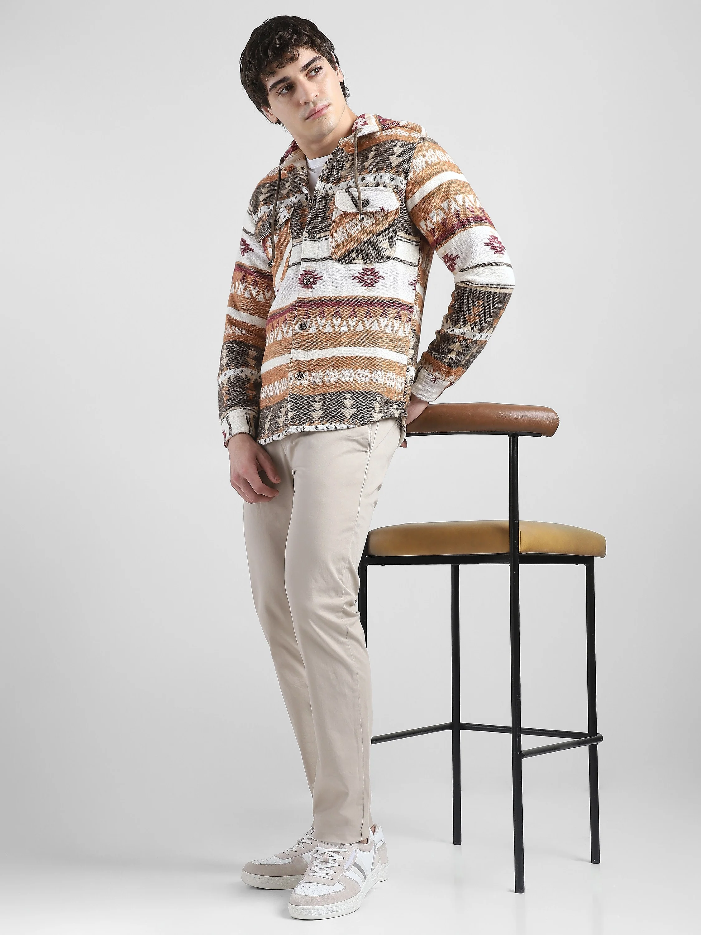 Men Orange Brown Comfort Fit Shacket - Image 4