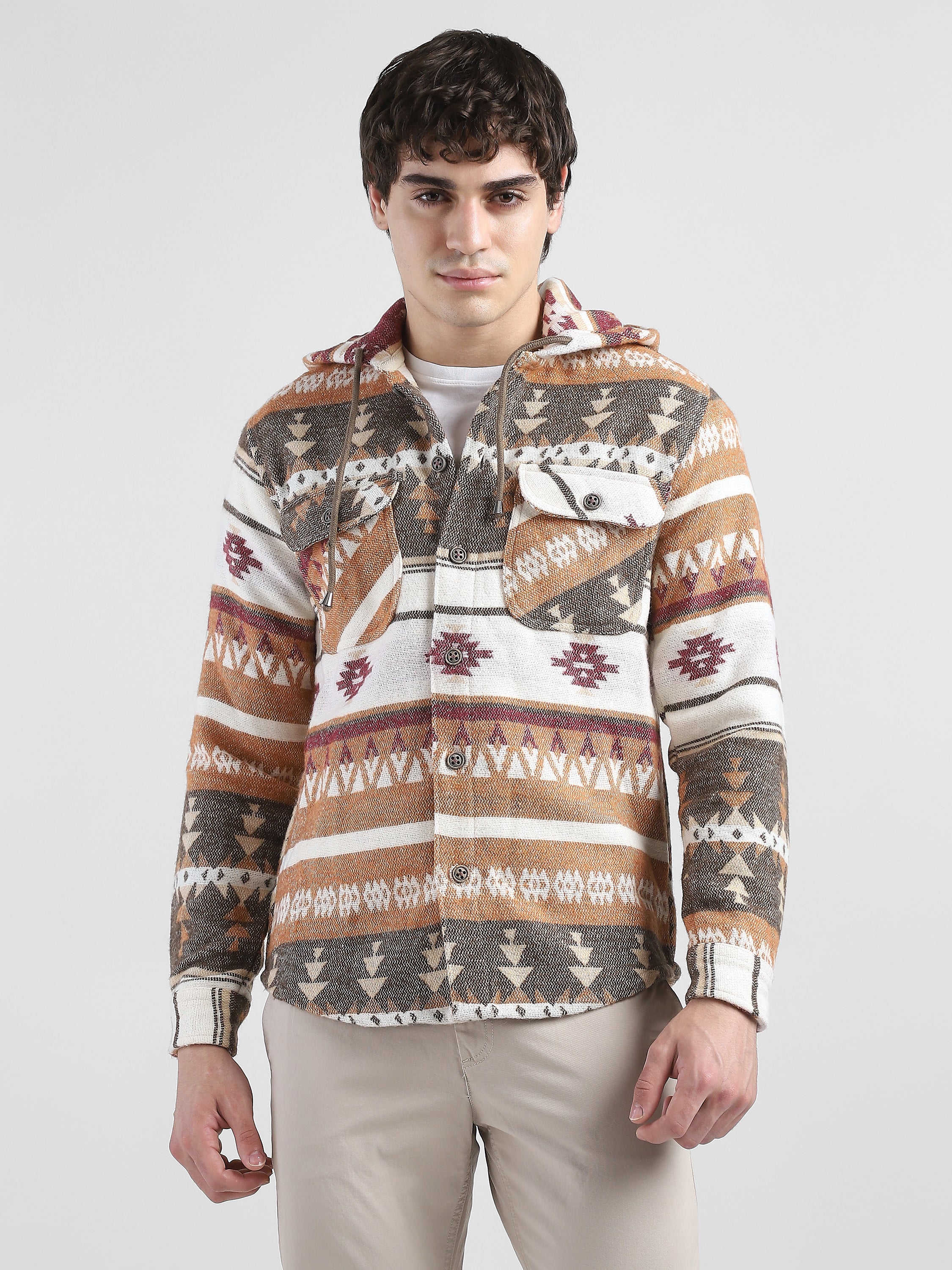 Men Orange Brown Comfort Fit Shacket - Image 5