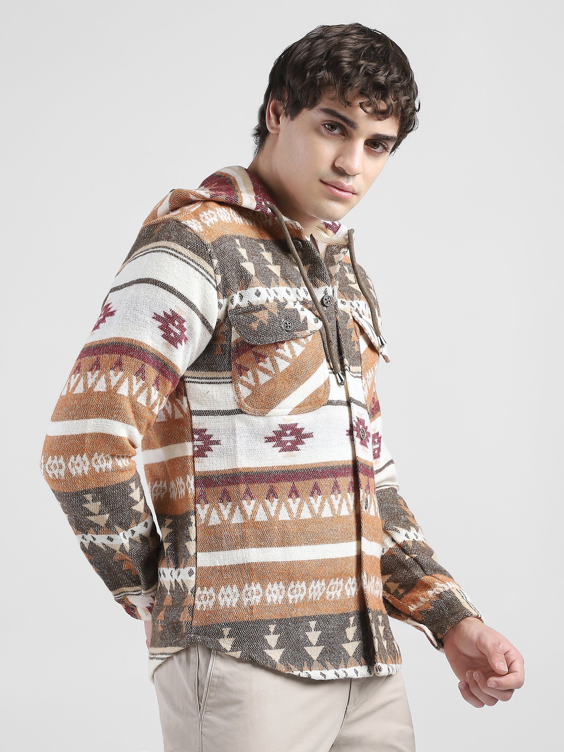 Men Orange Brown Comfort Fit Shacket - Image 6
