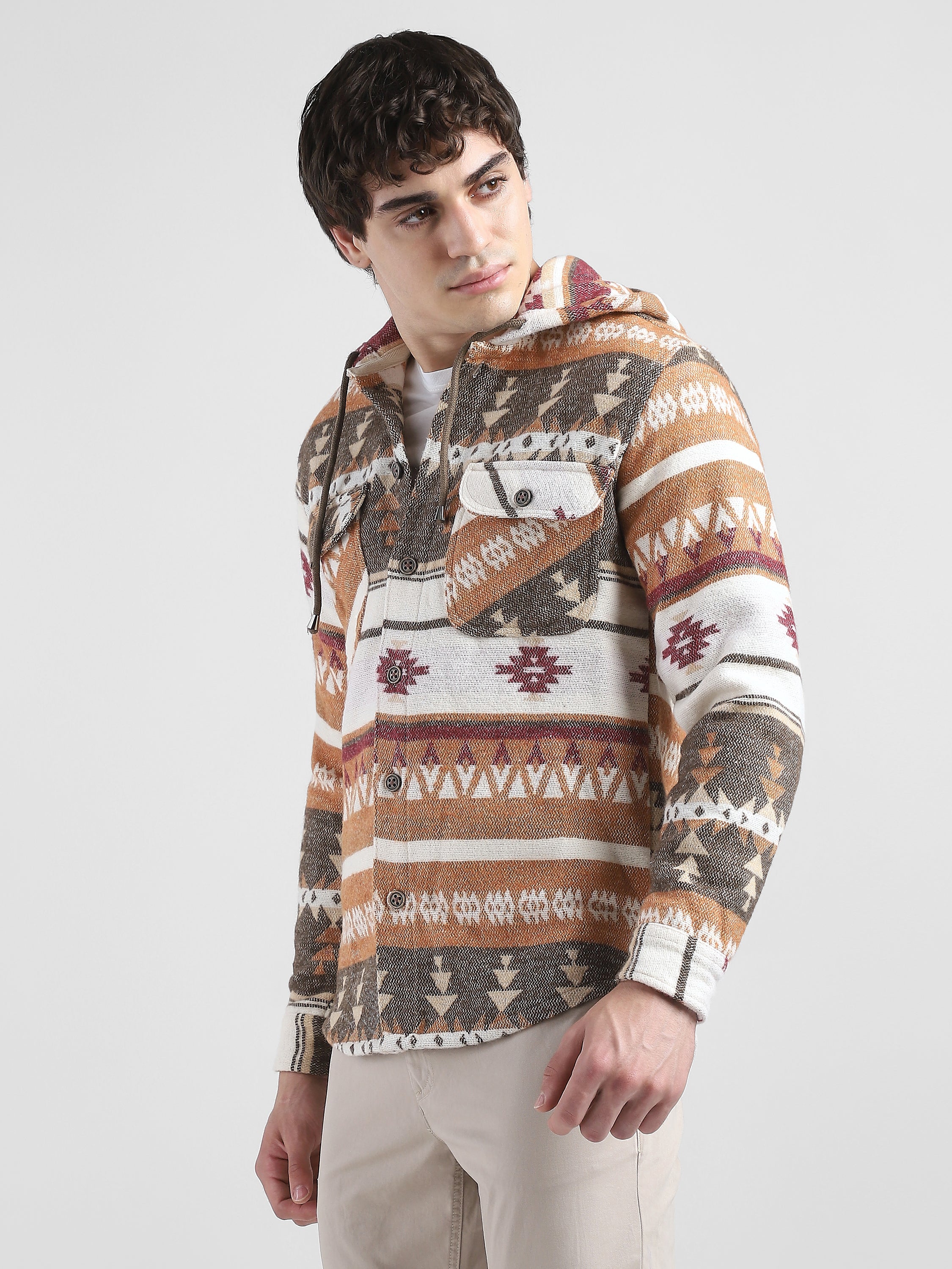 Men Orange Brown Comfort Fit Shacket - Image 7