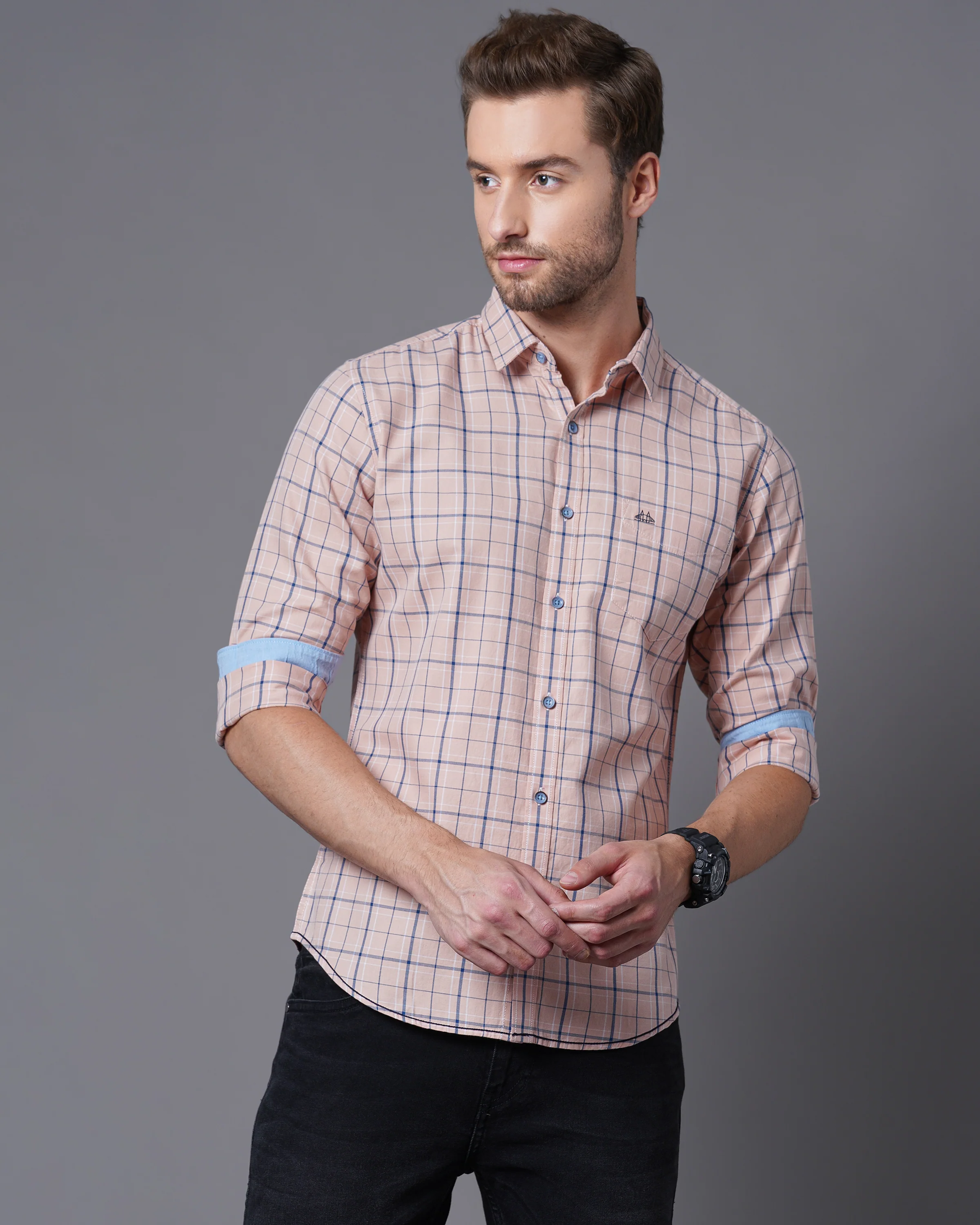 Men Orange Checked Shirt - Image 4