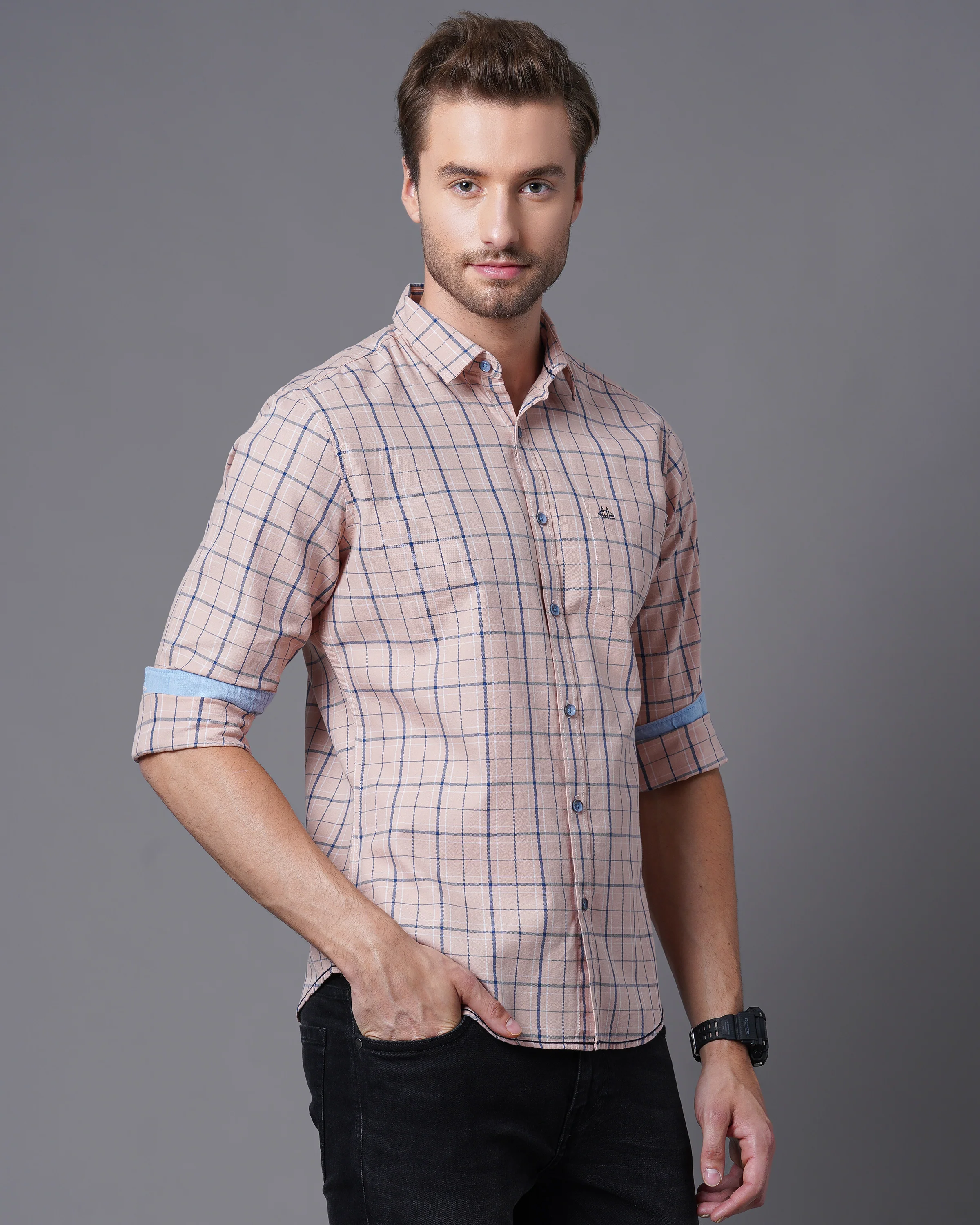 Men Orange Checked Shirt - Image 6