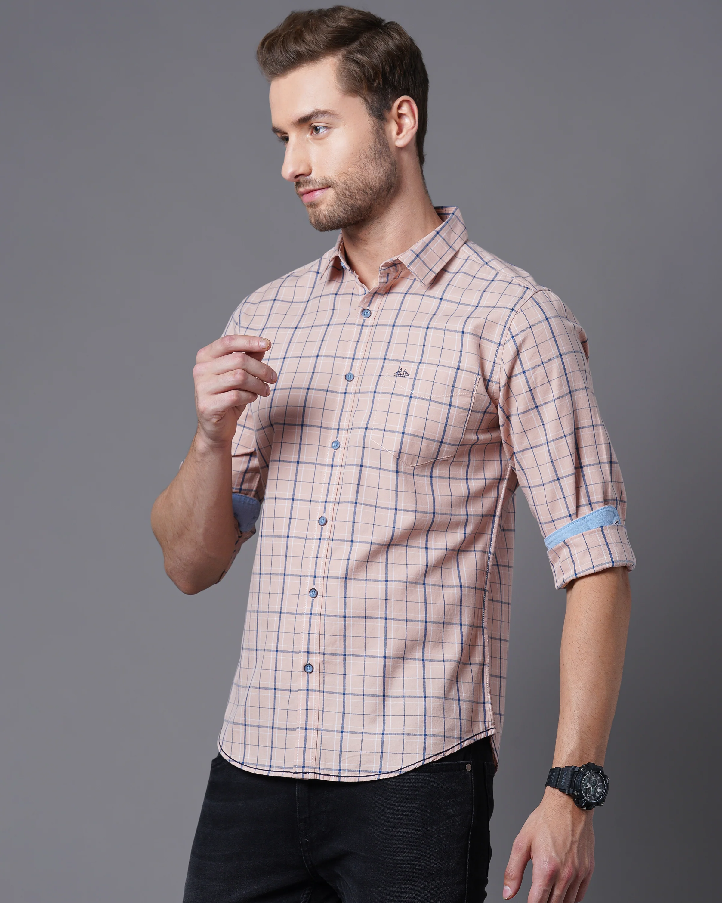 Men Orange Checked Shirt - Image 7