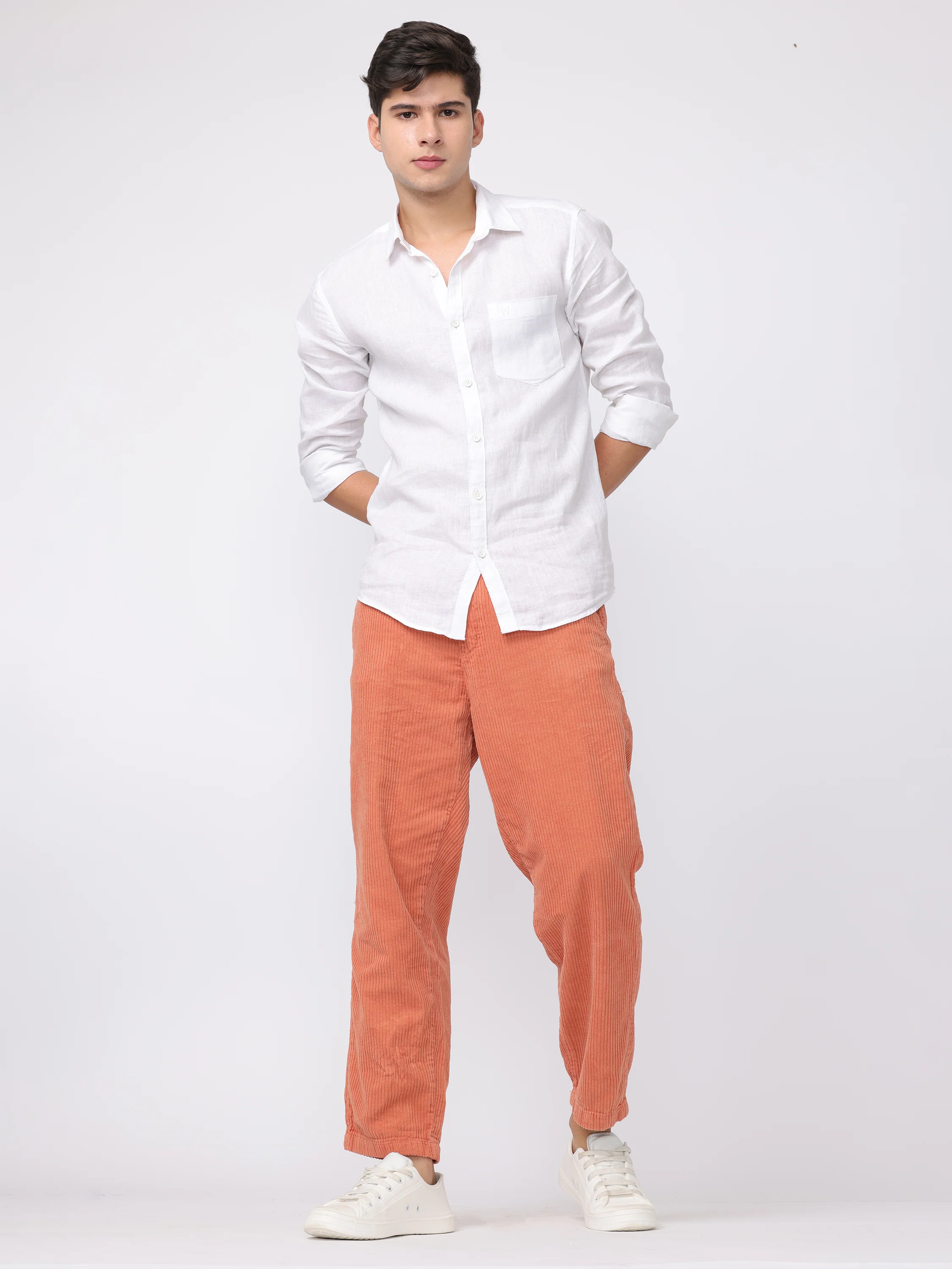 Men Orange Comfort Fit Corduroy Joggers - Image 3