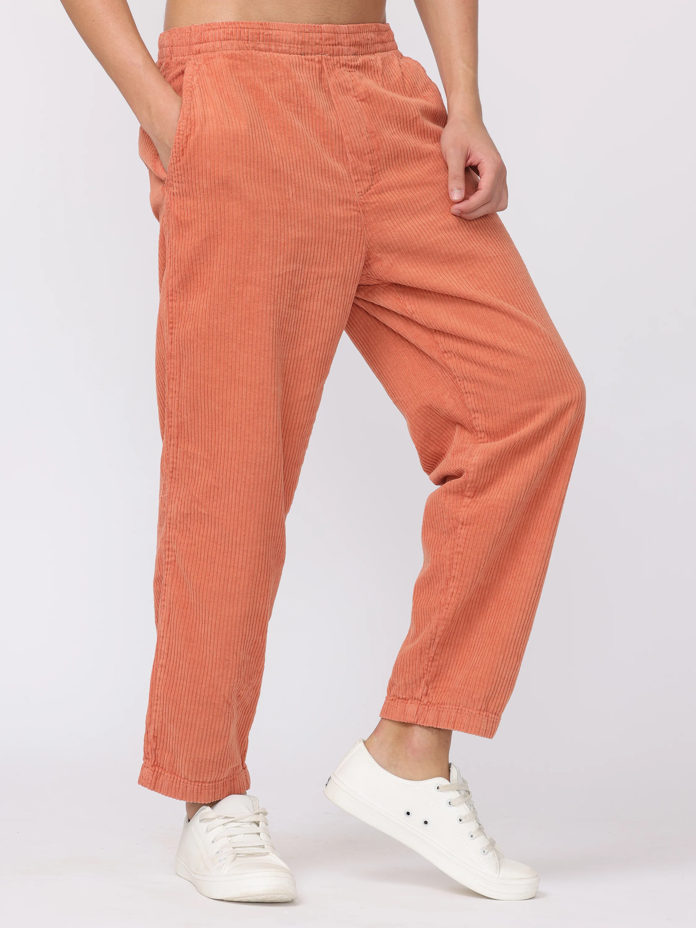 Men Orange Comfort Fit Corduroy Joggers - Image 4