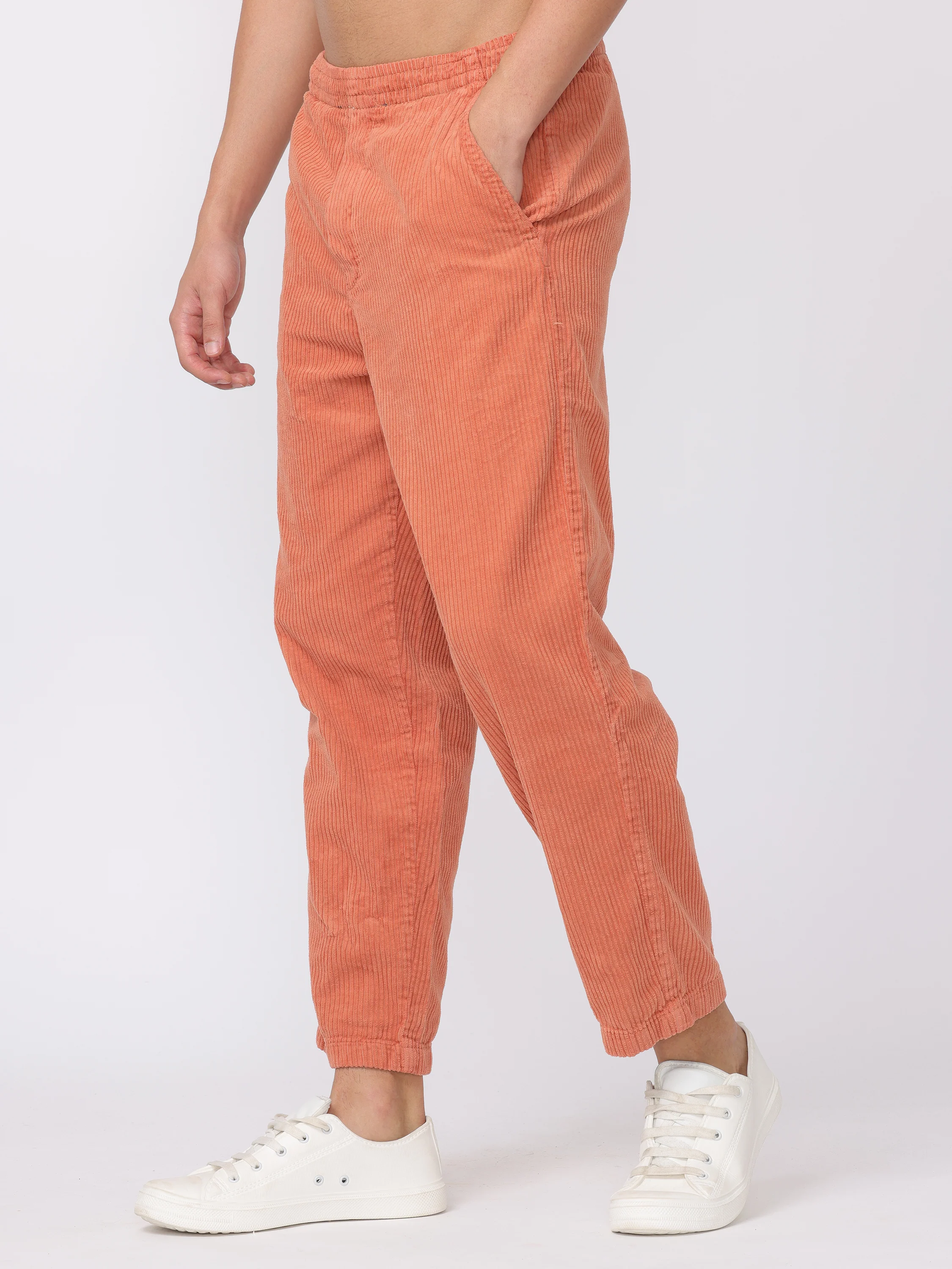 Men Orange Comfort Fit Corduroy Joggers - Image 5