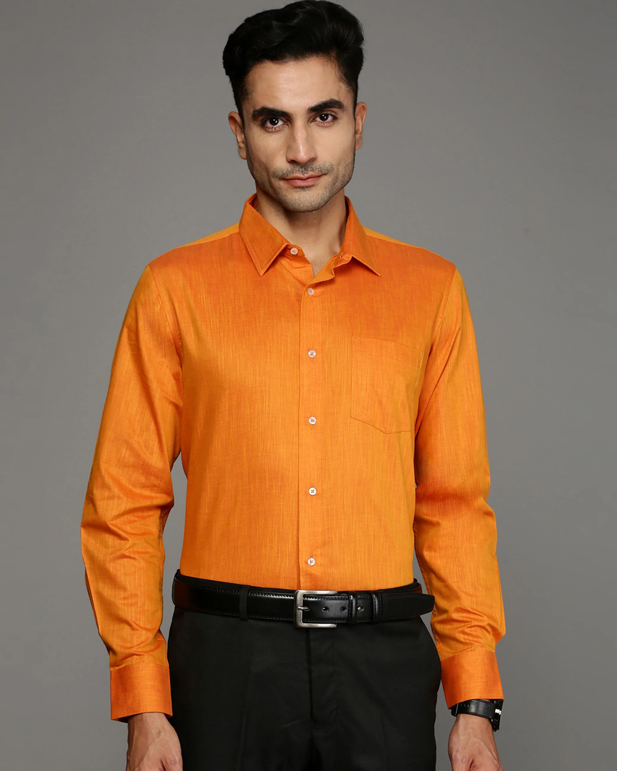 Men Orange Cotton Blend Slim Shirt - Image 2