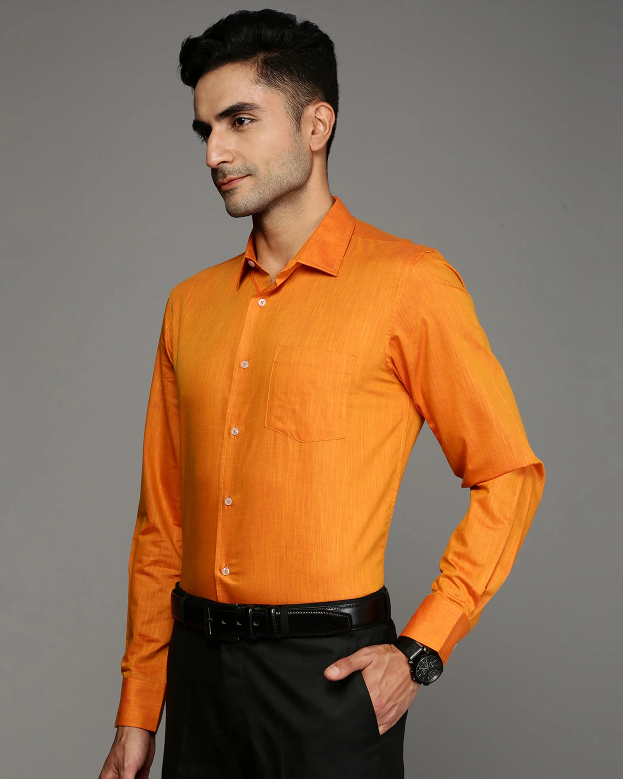 Men Orange Cotton Blend Slim Shirt - Image 3