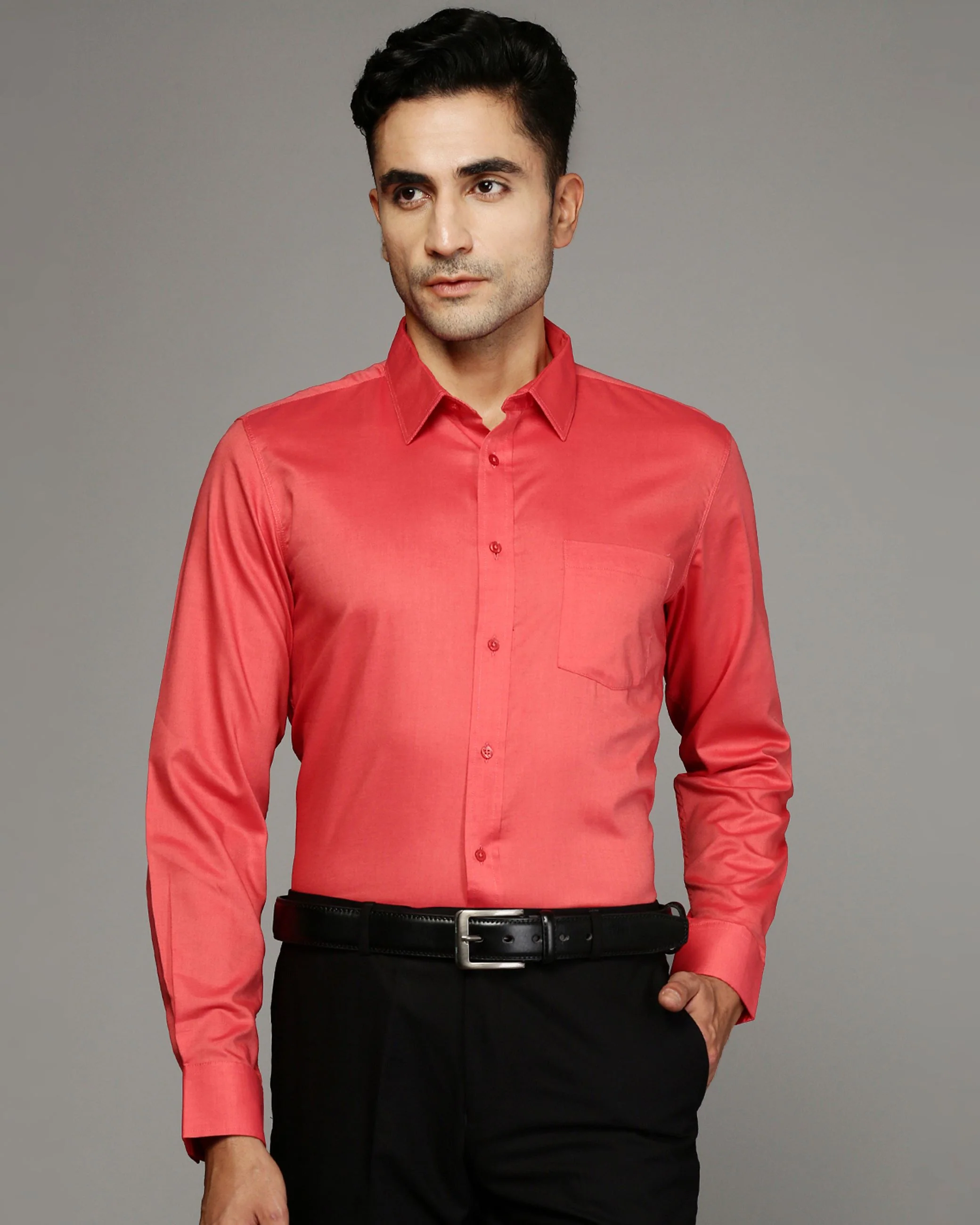 Men Orange Cotton Blend Slim Shirt - Image 2