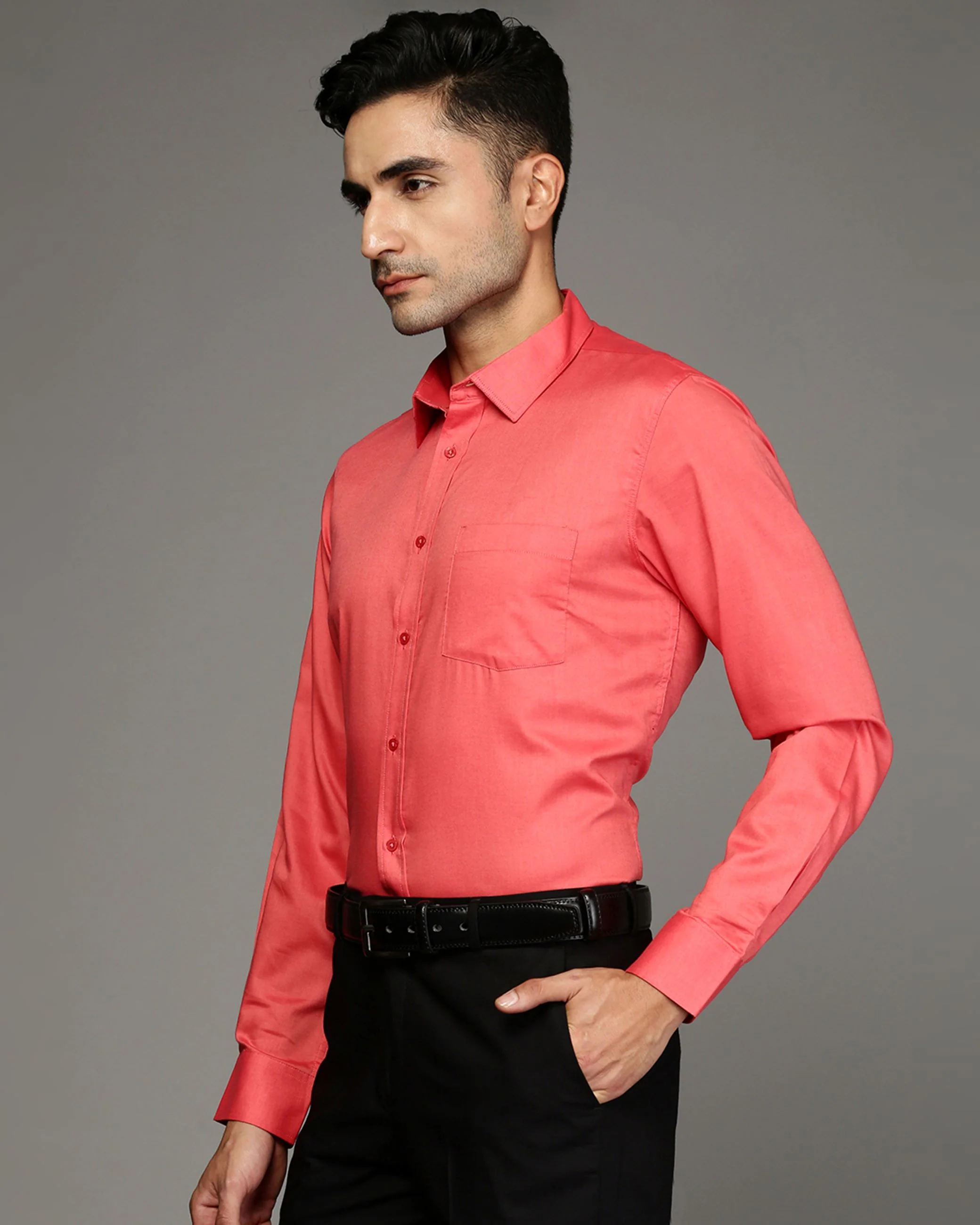 Men Orange Cotton Blend Slim Shirt - Image 3
