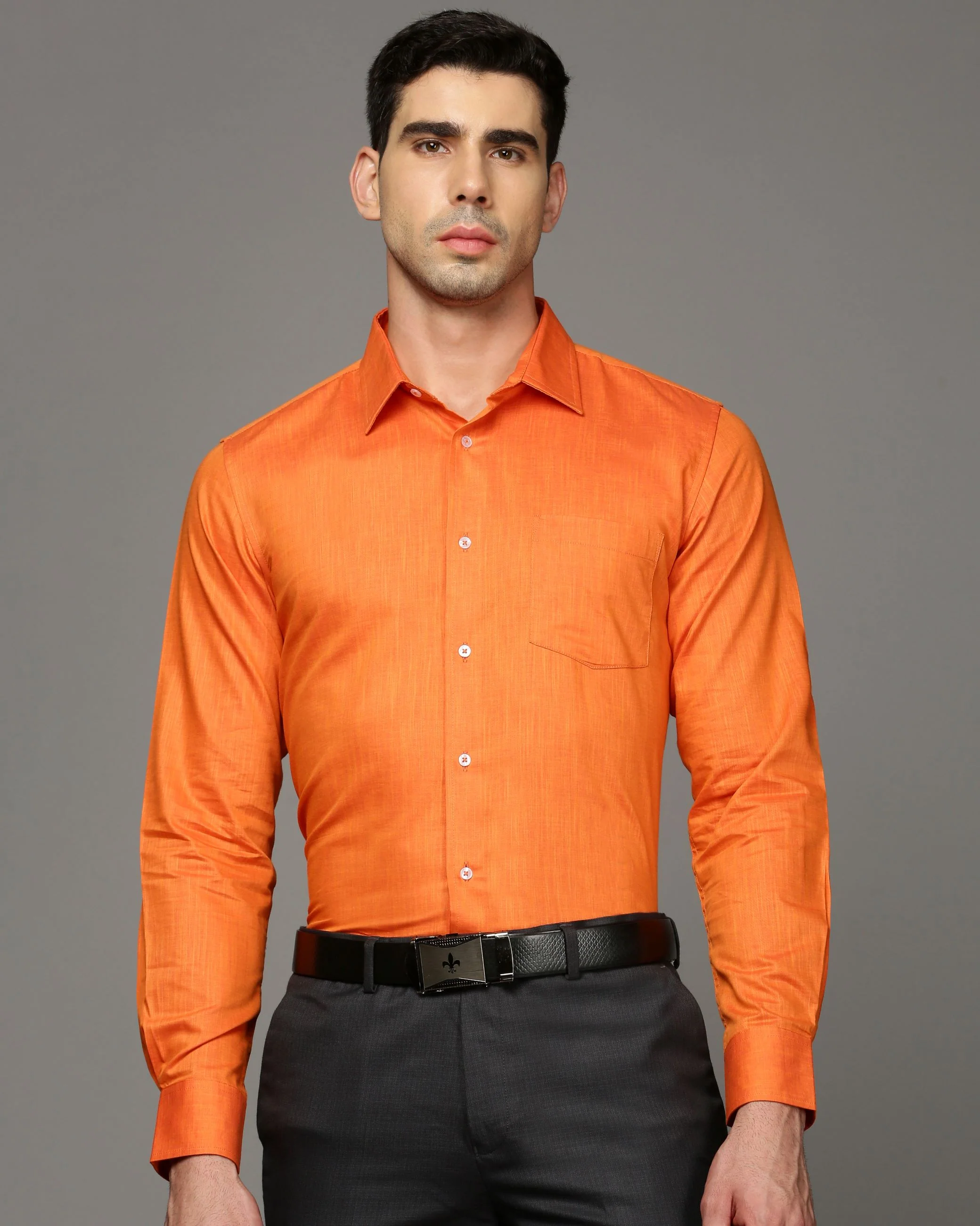 Men Orange Cotton Blend Slim Shirt - Image 2