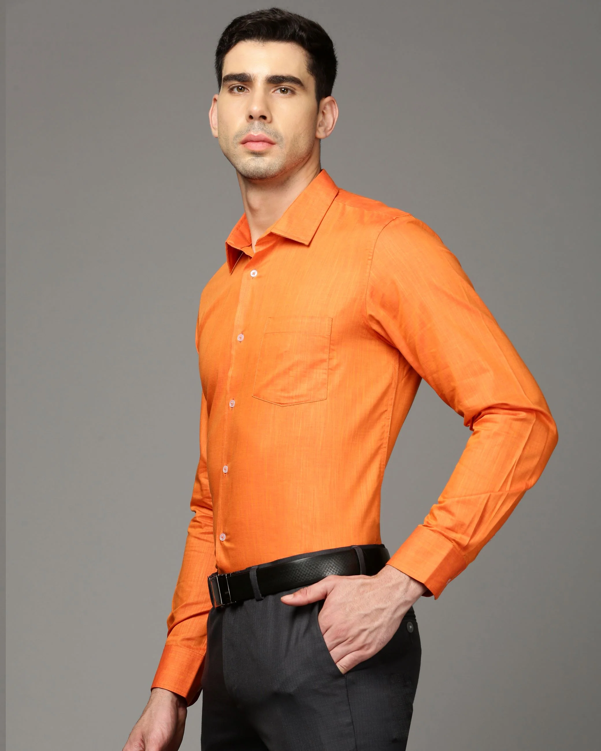 Men Orange Cotton Blend Slim Shirt - Image 3