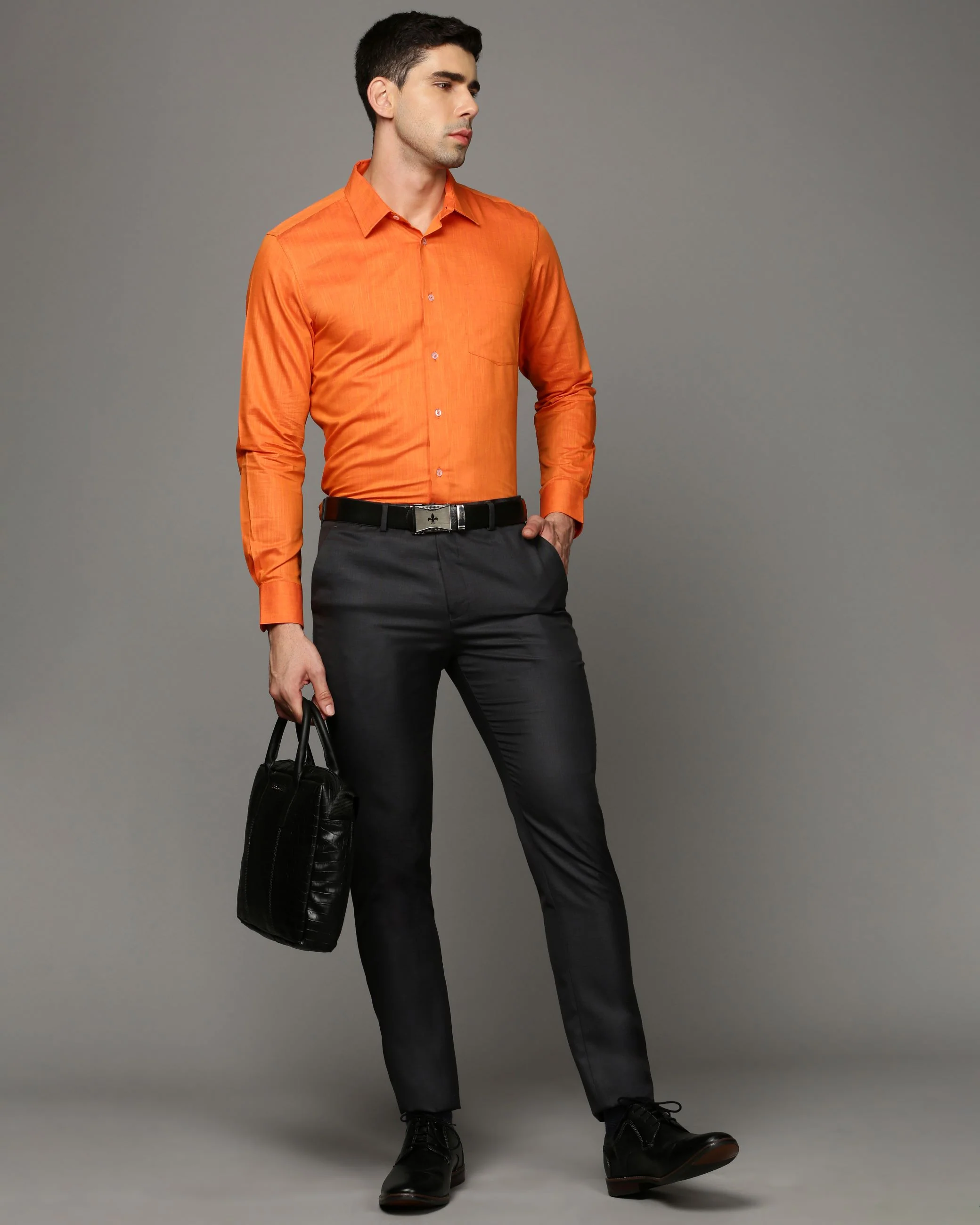 Men Orange Cotton Blend Slim Shirt - Image 5