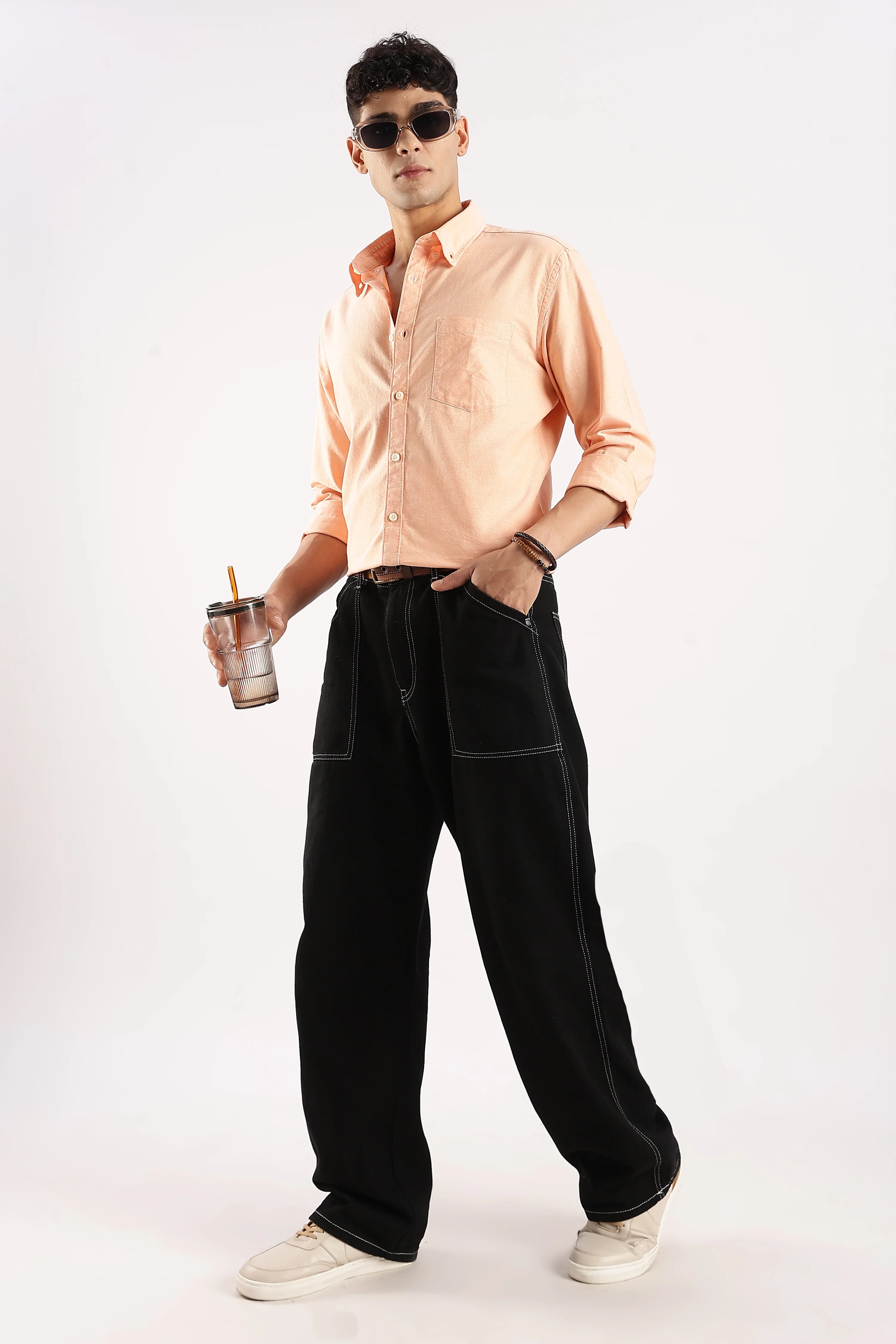 Men Orange Cotton Oxford Shirt - Image 10