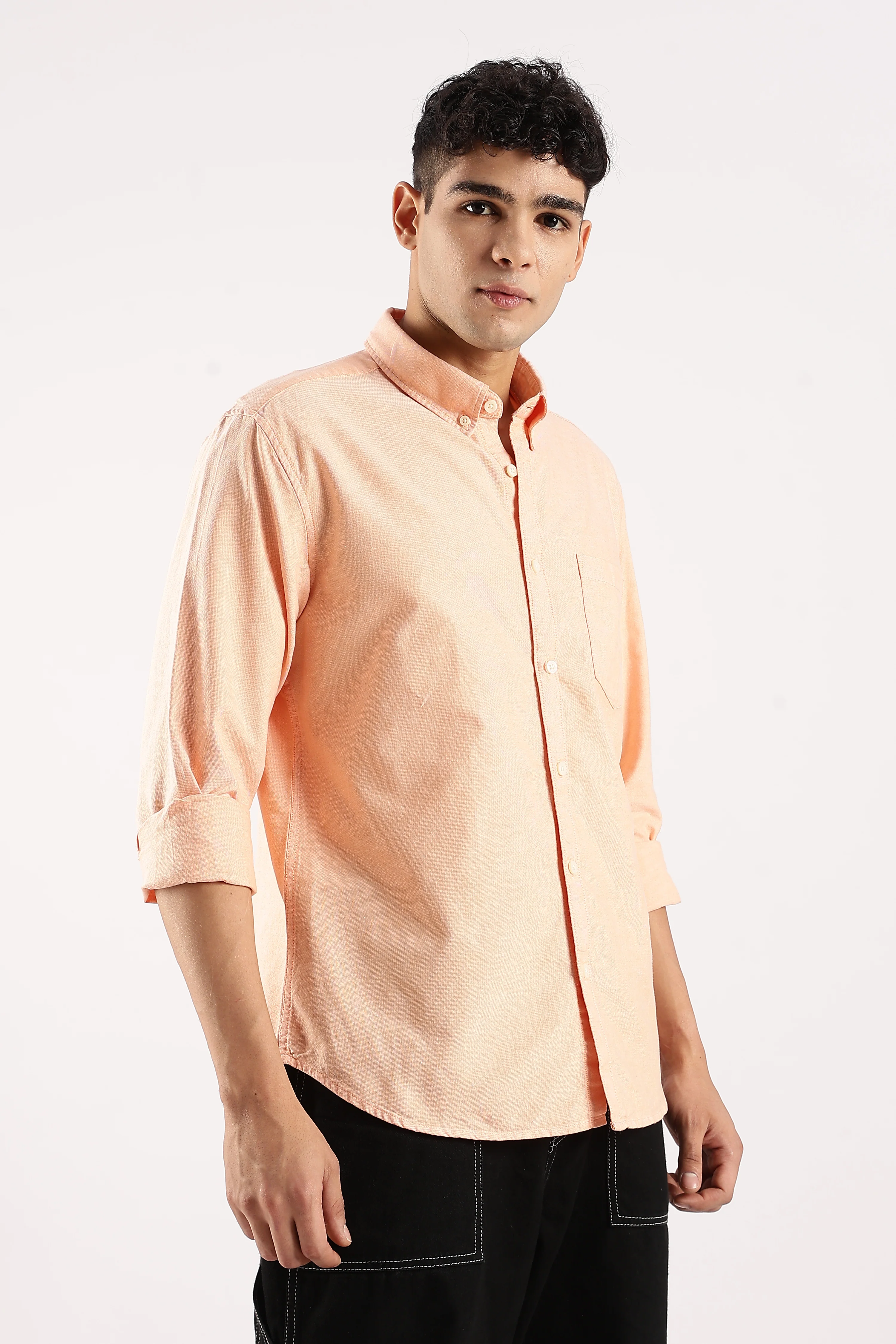 Men Orange Cotton Oxford Shirt - Image 2