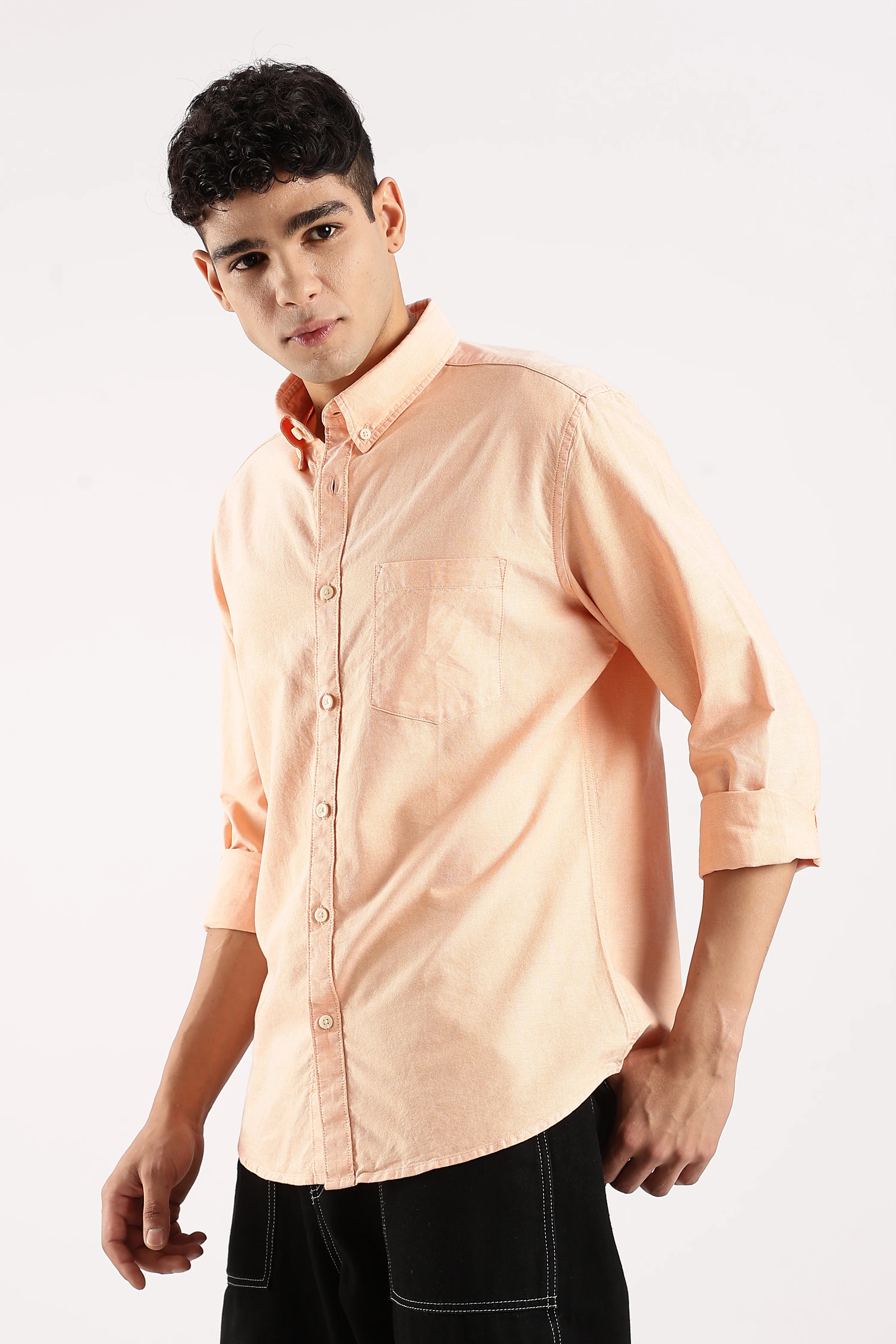 Men Orange Cotton Oxford Shirt - Image 4