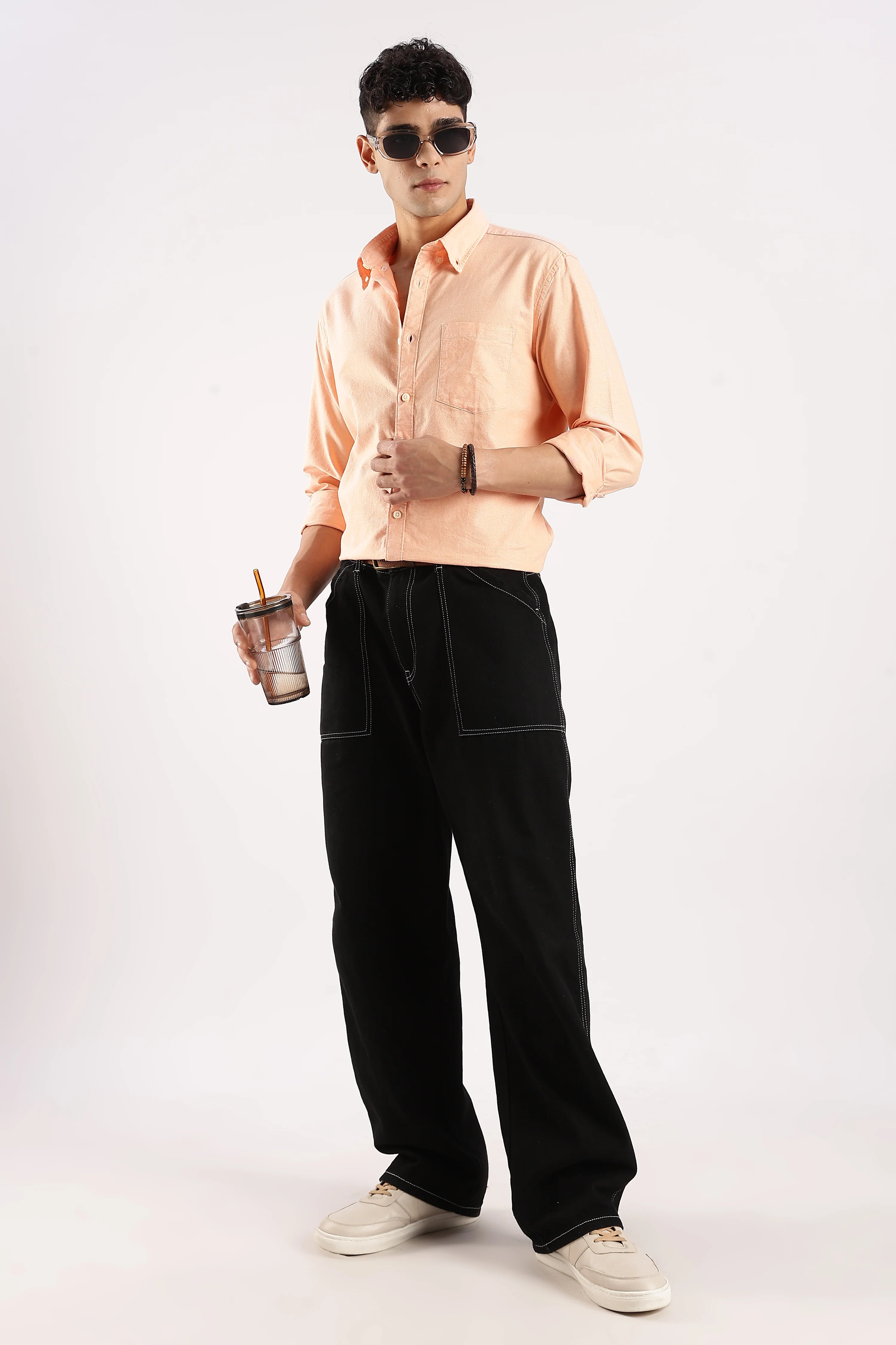 Men Orange Cotton Oxford Shirt - Image 7