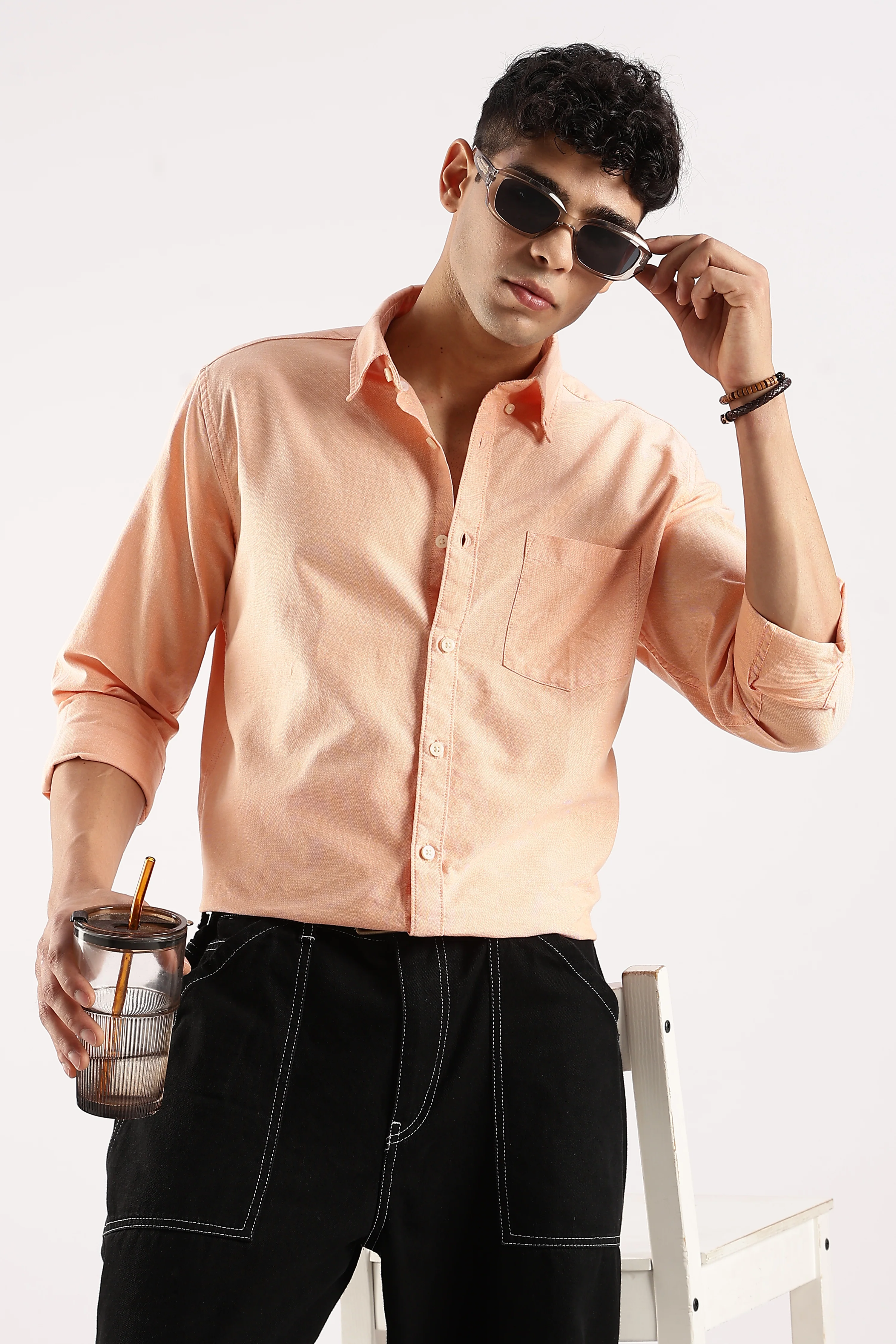 Men Orange Cotton Oxford Shirt - Image 8