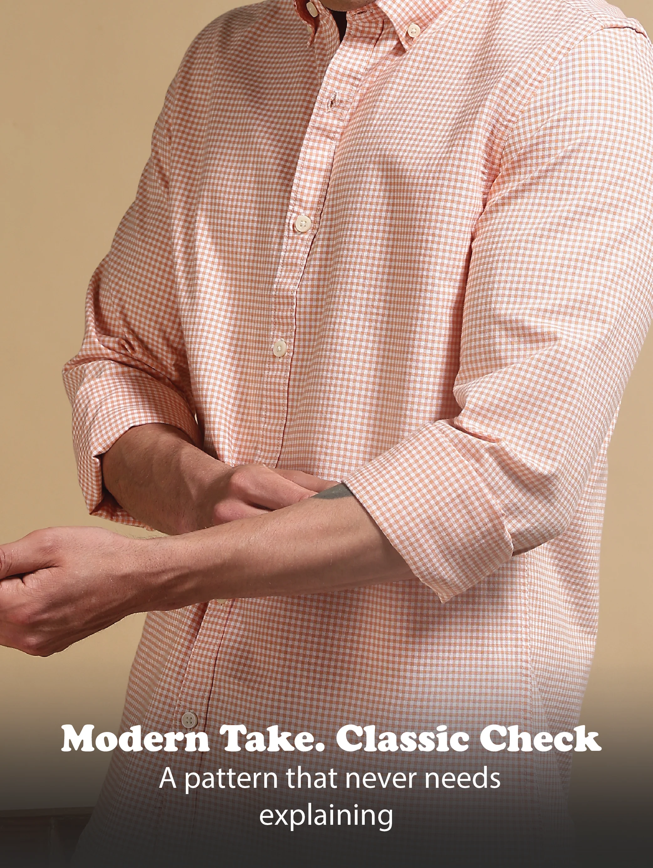 Men Orange Cotton Oxford Slim Fit Mini Checks Shirt - Image 11