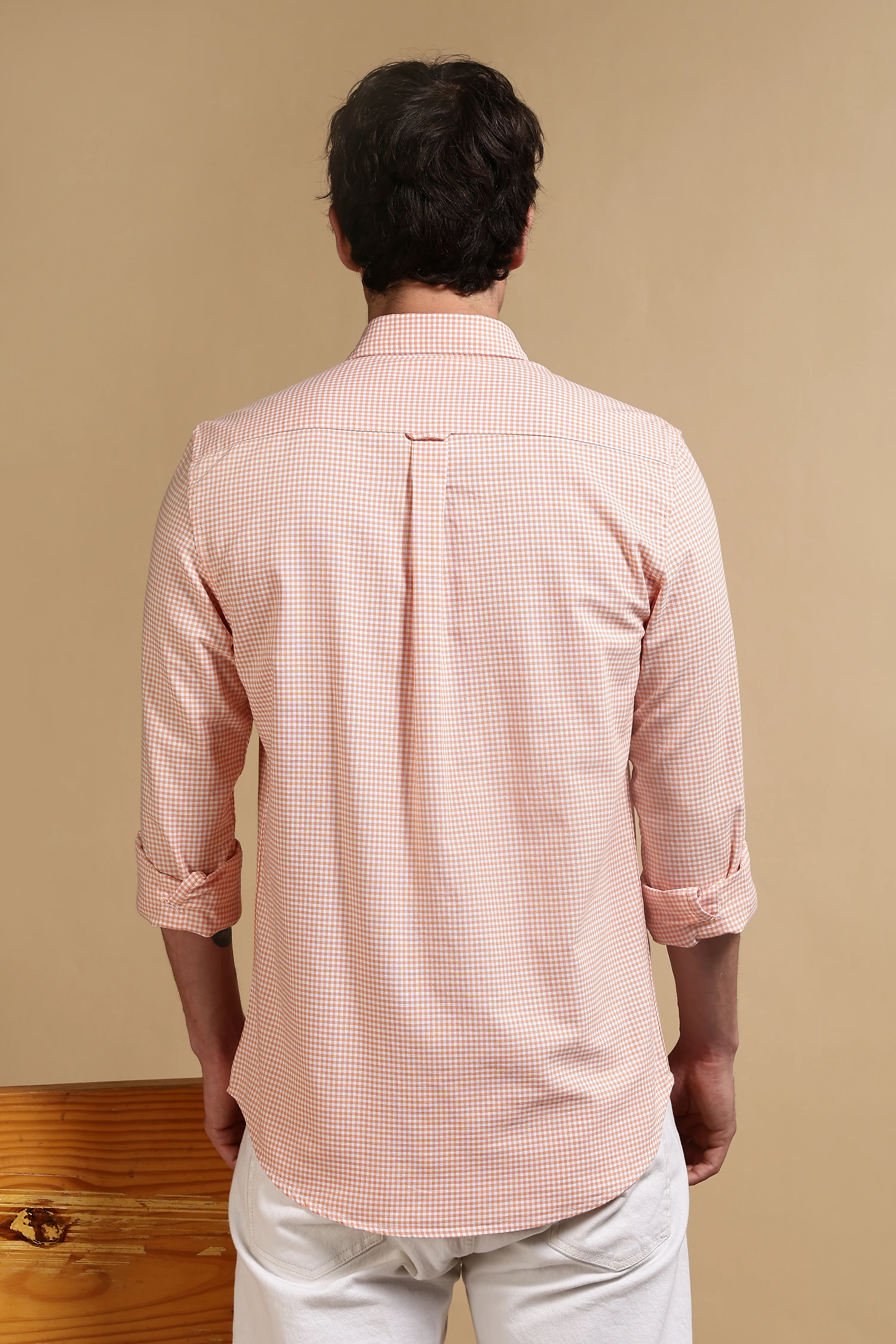Men Orange Cotton Oxford Slim Fit Mini Checks Shirt - Image 4