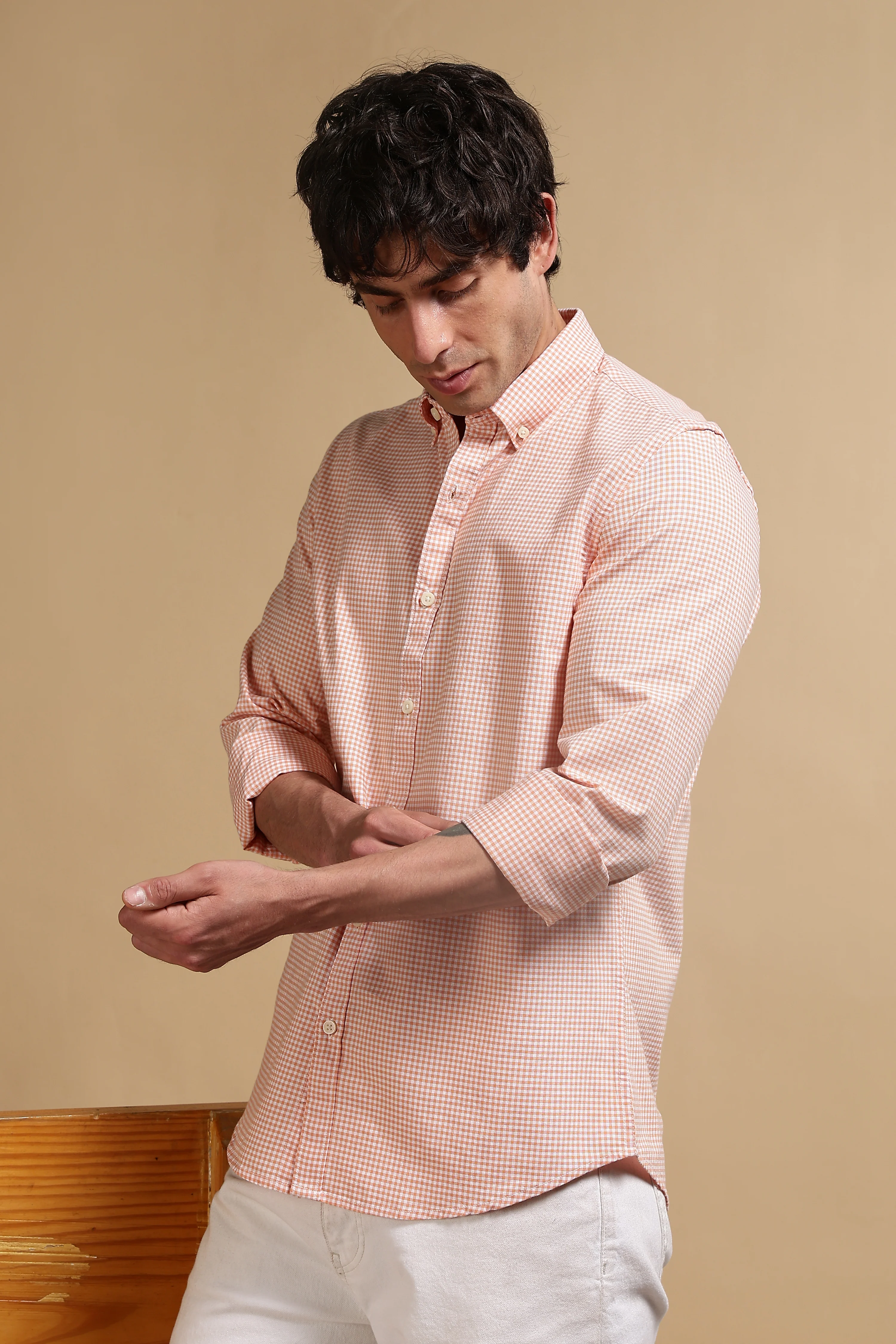 Men Orange Cotton Oxford Slim Fit Mini Checks Shirt - Image 5