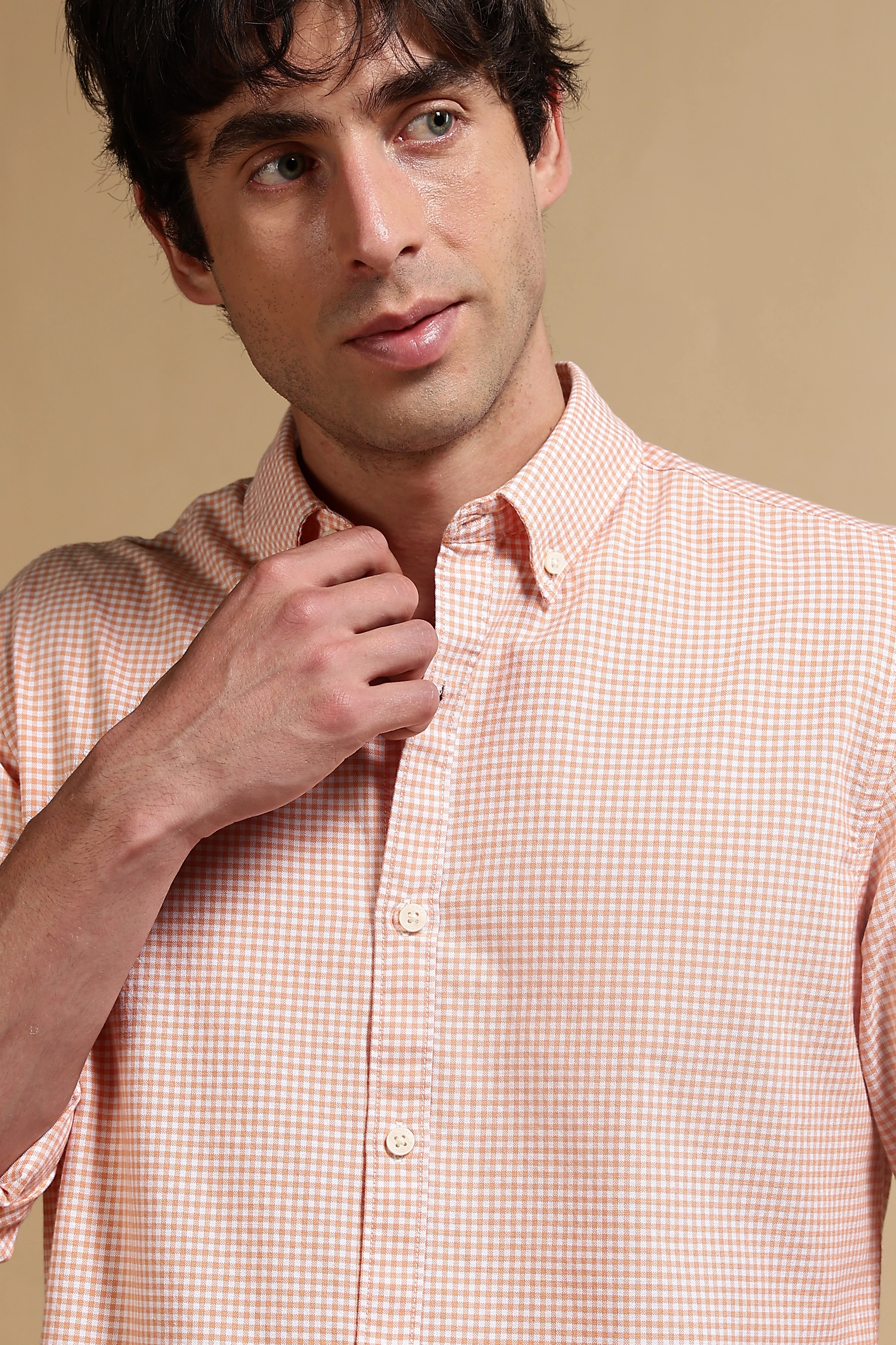 Men Orange Cotton Oxford Slim Fit Mini Checks Shirt - Image 6