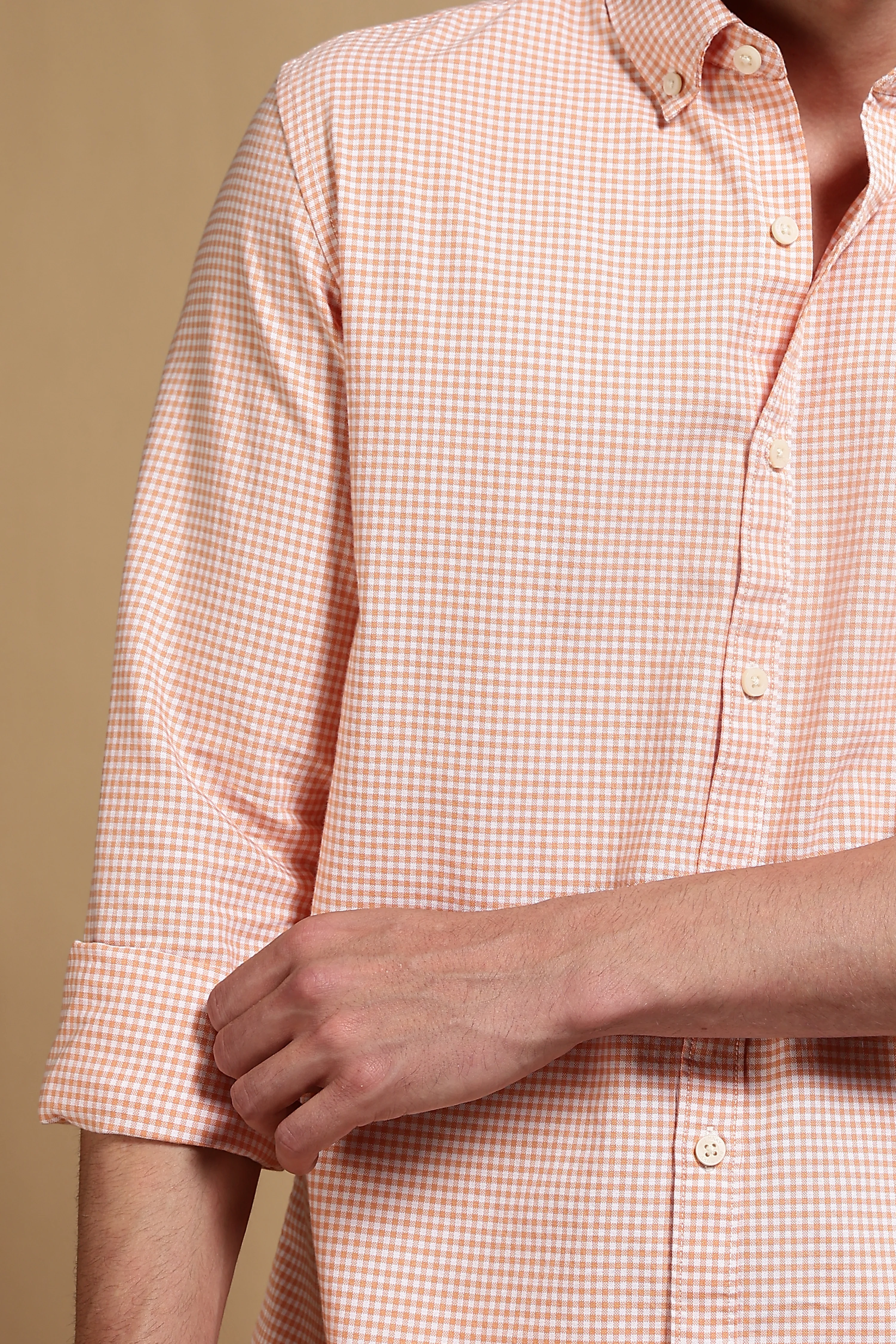 Men Orange Cotton Oxford Slim Fit Mini Checks Shirt - Image 7