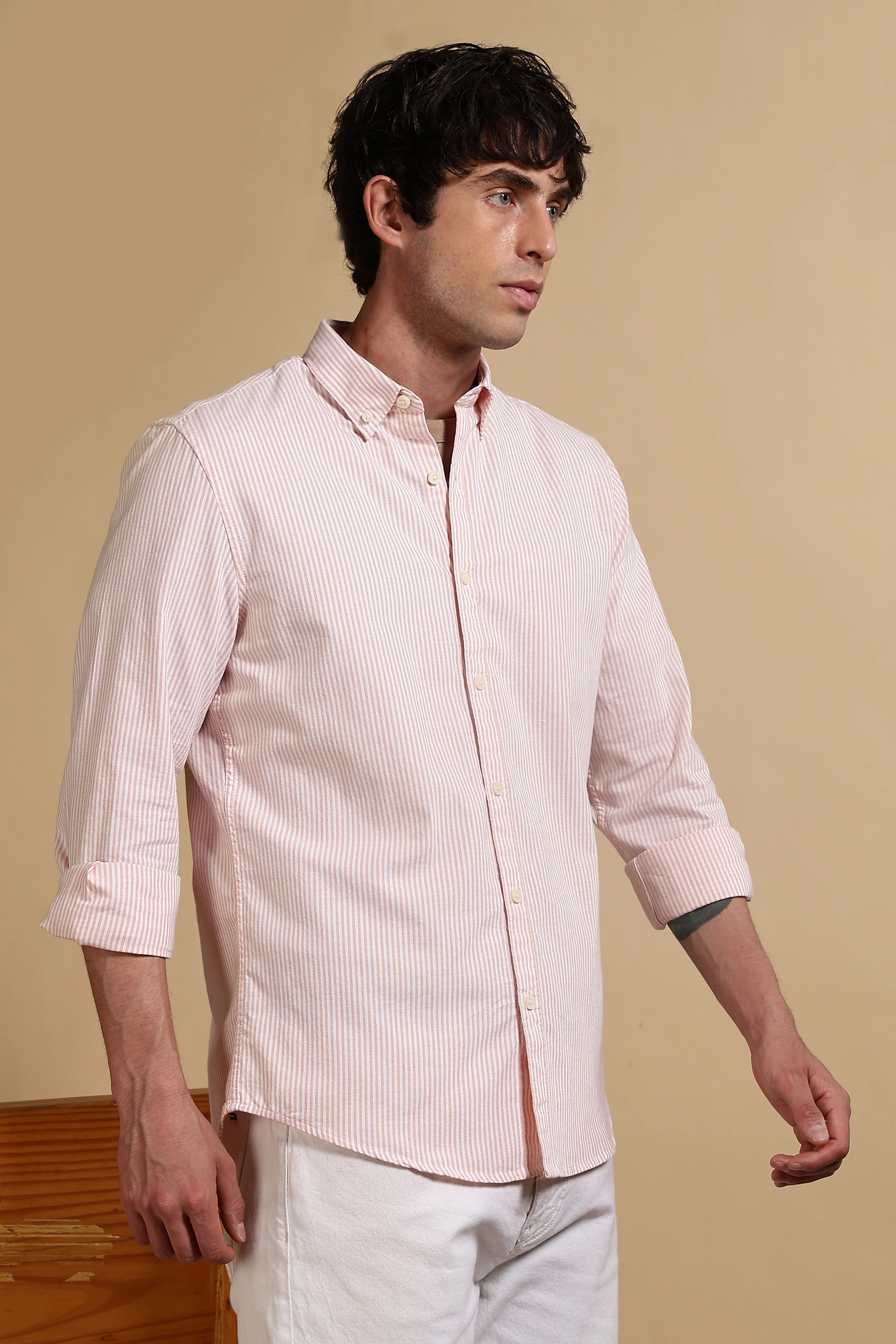 Men Orange Cotton Oxford Slim Fit Striped Shirt - Image 3