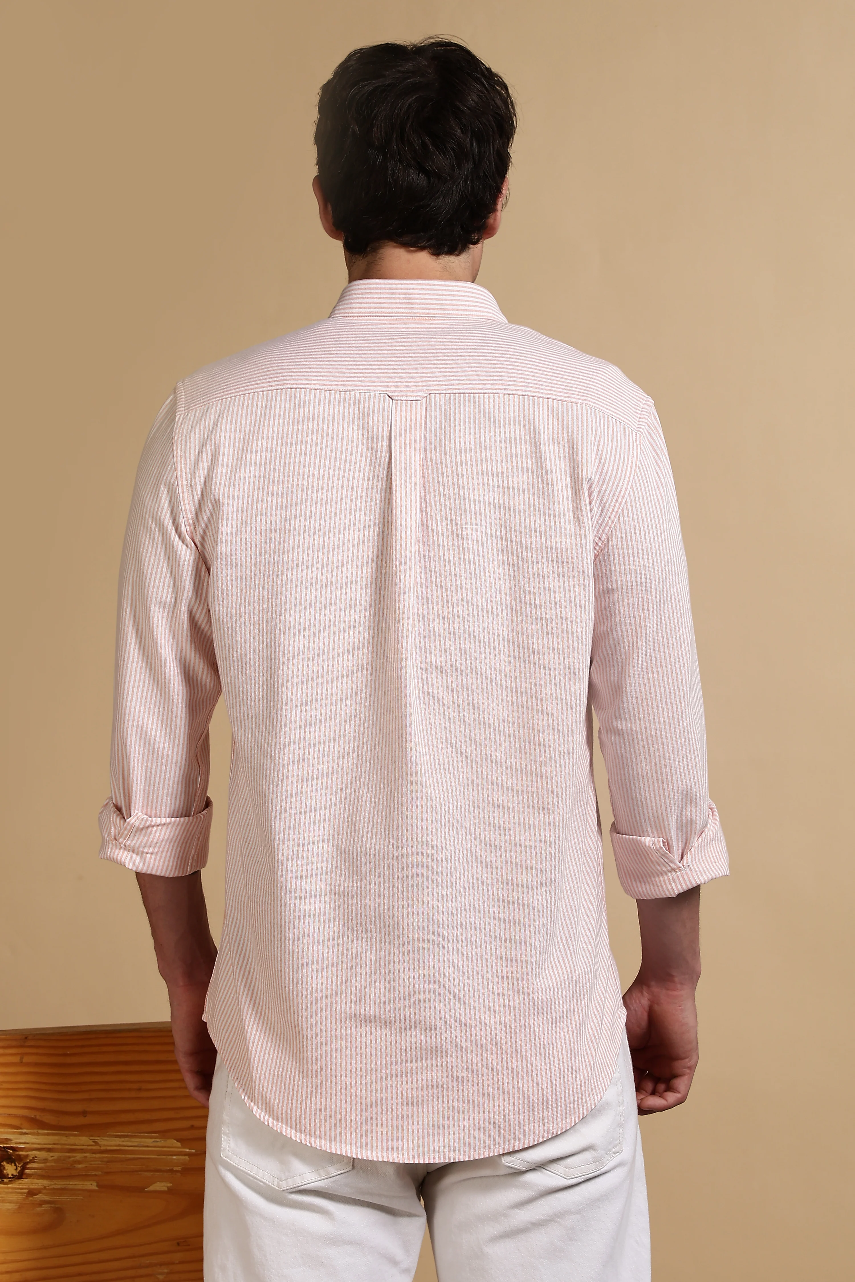 Men Orange Cotton Oxford Slim Fit Striped Shirt - Image 4