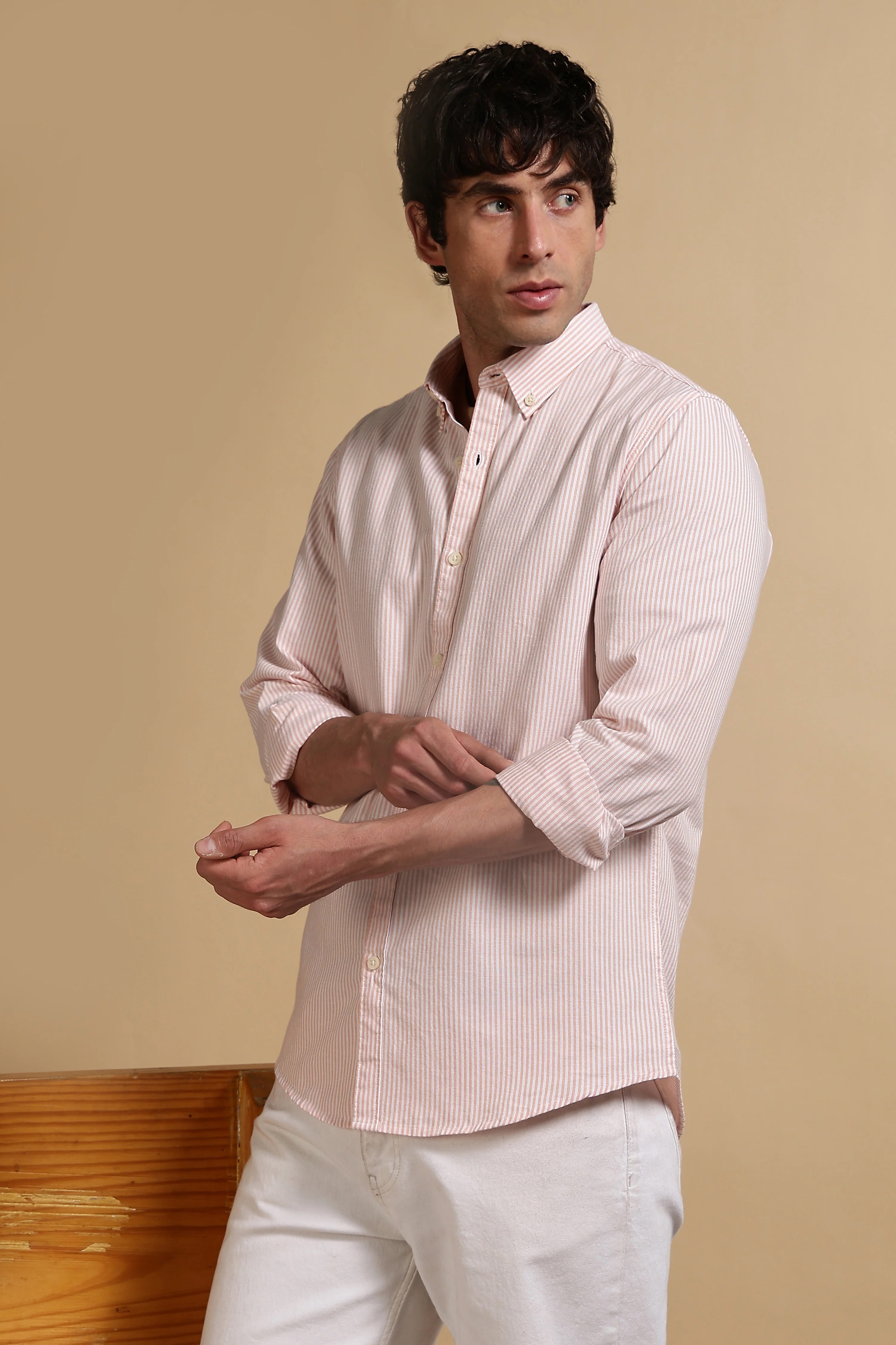 Men Orange Cotton Oxford Slim Fit Striped Shirt - Image 5