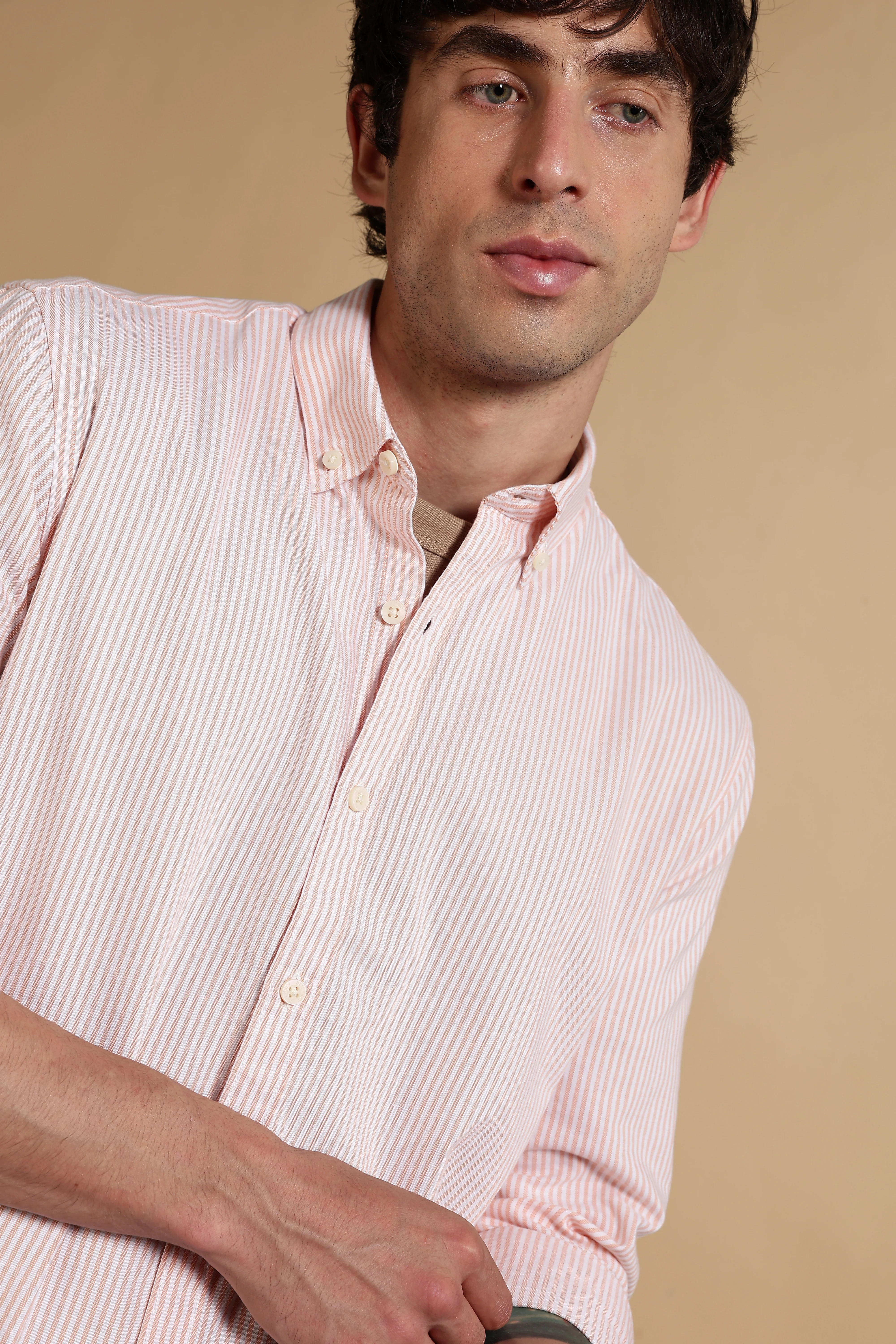 Men Orange Cotton Oxford Slim Fit Striped Shirt - Image 6