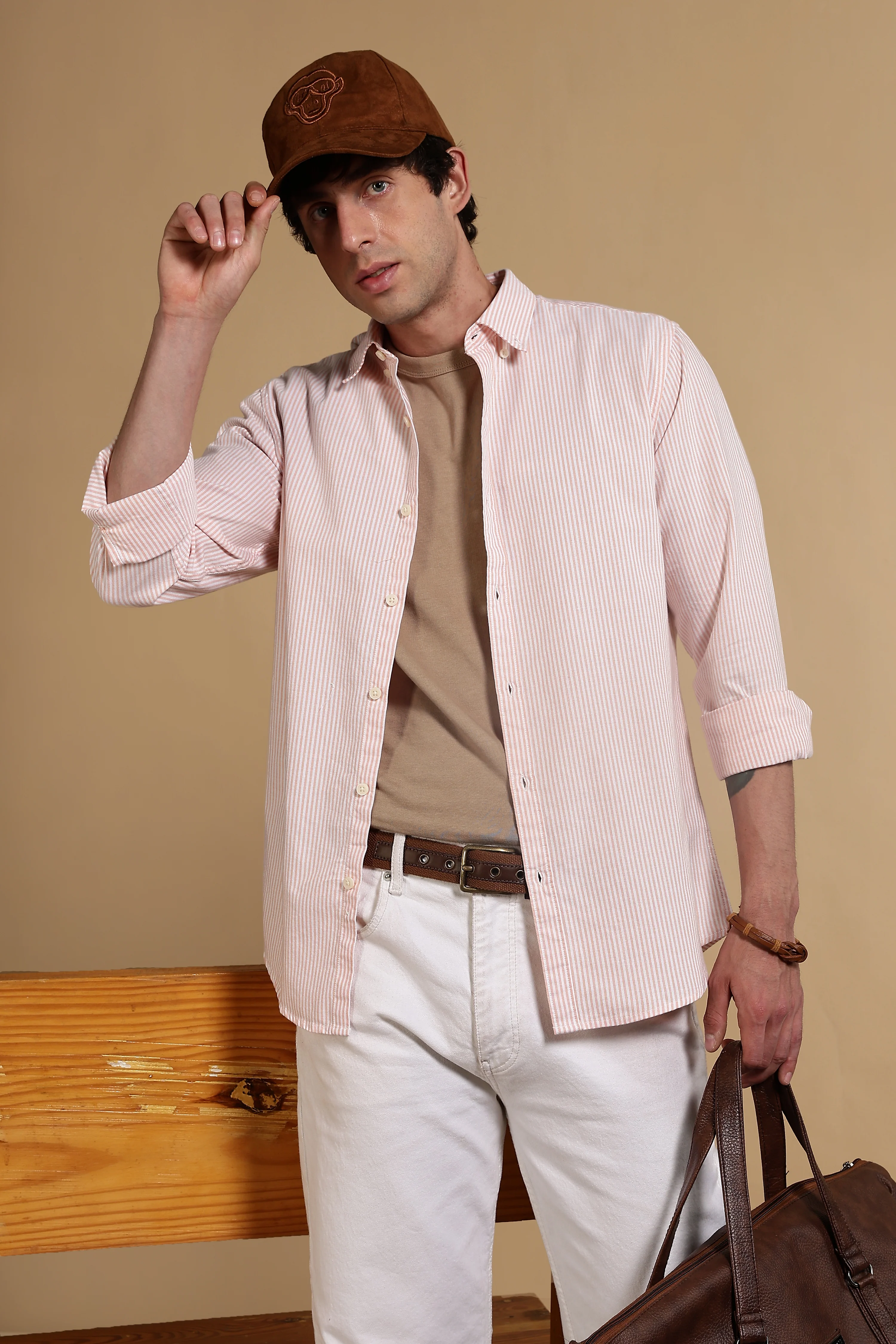 Men Orange Cotton Oxford Slim Fit Striped Shirt - Image 9
