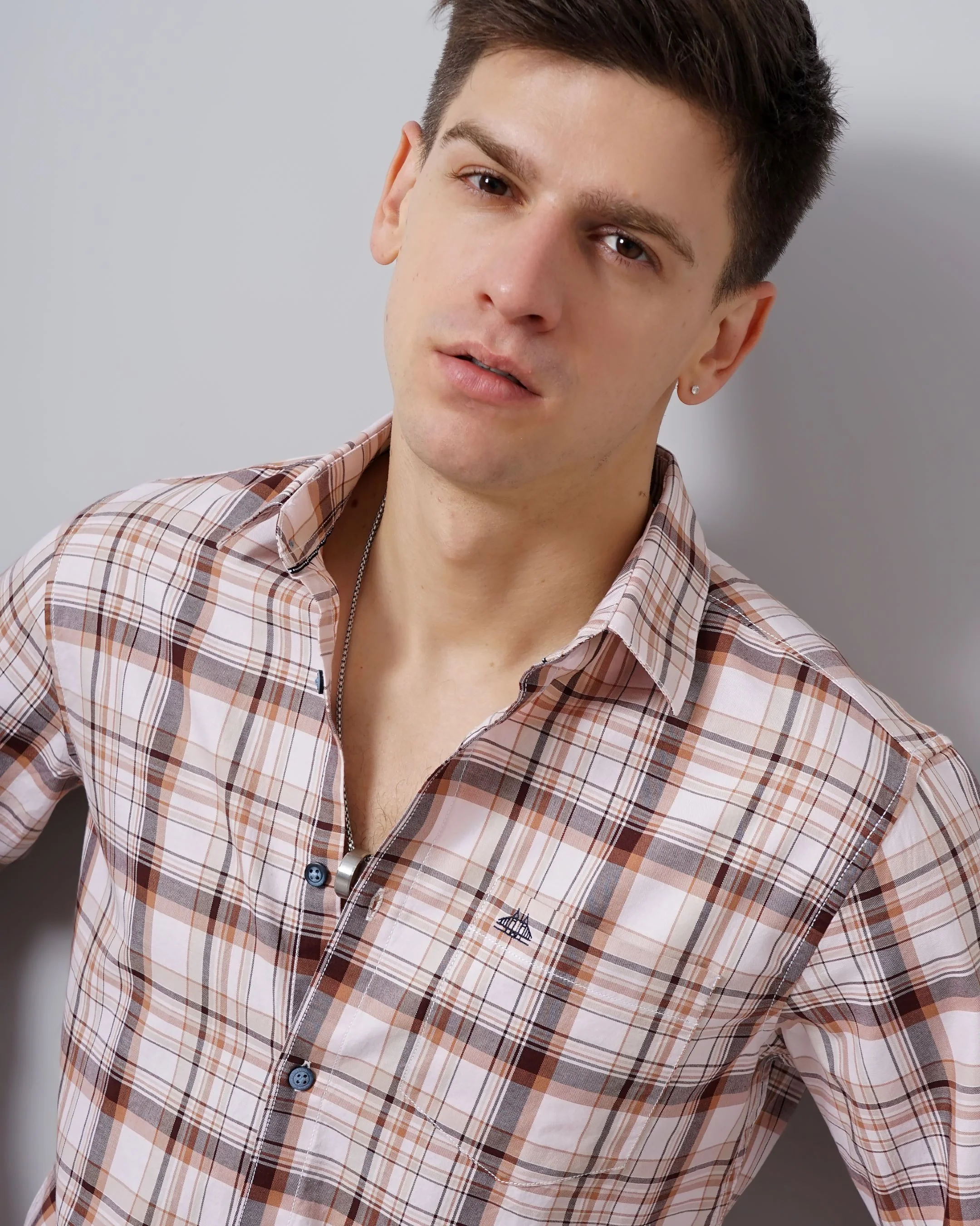 Men Orange Cotton Slim Shirt - Image 2