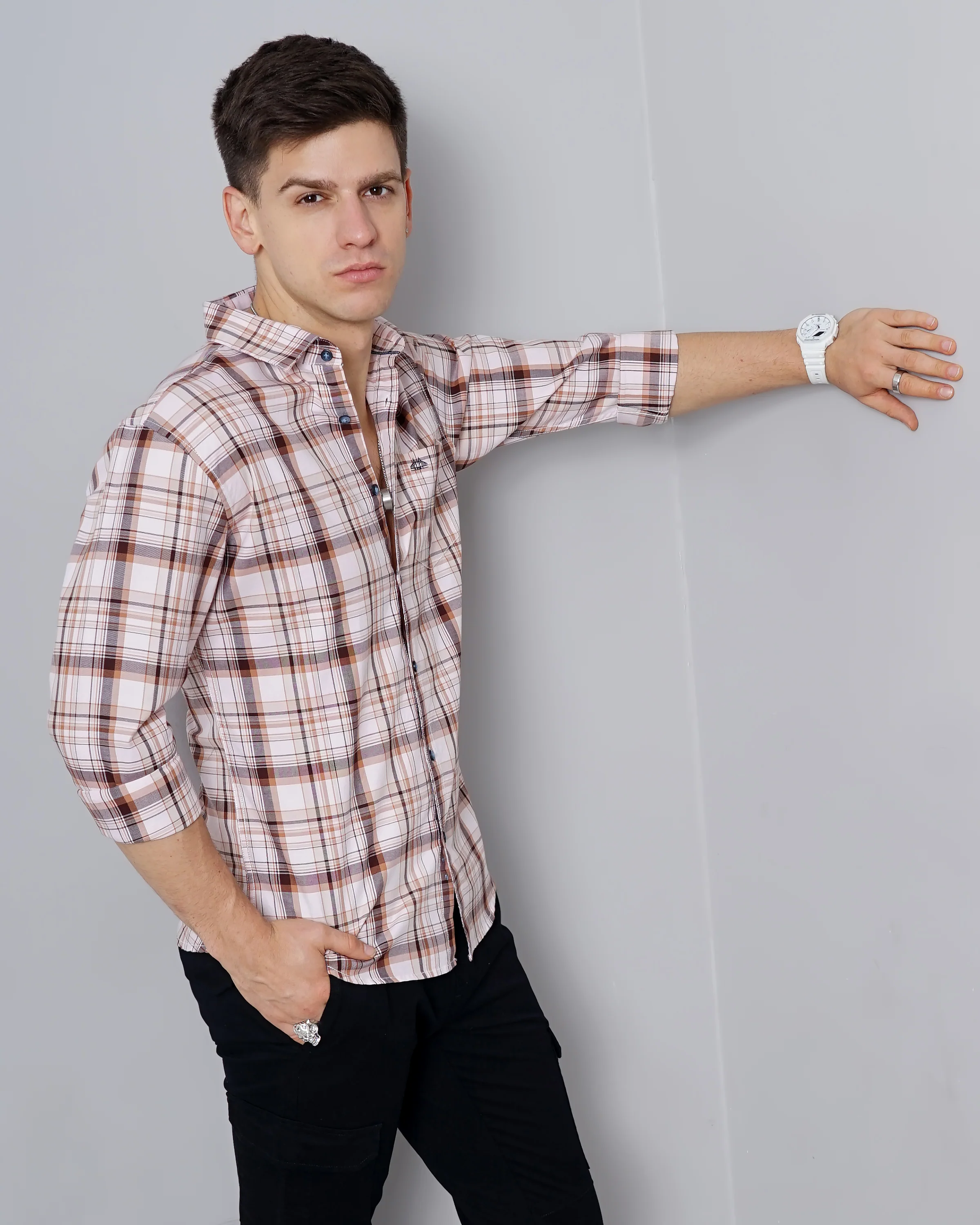 Men Orange Cotton Slim Shirt - Image 4