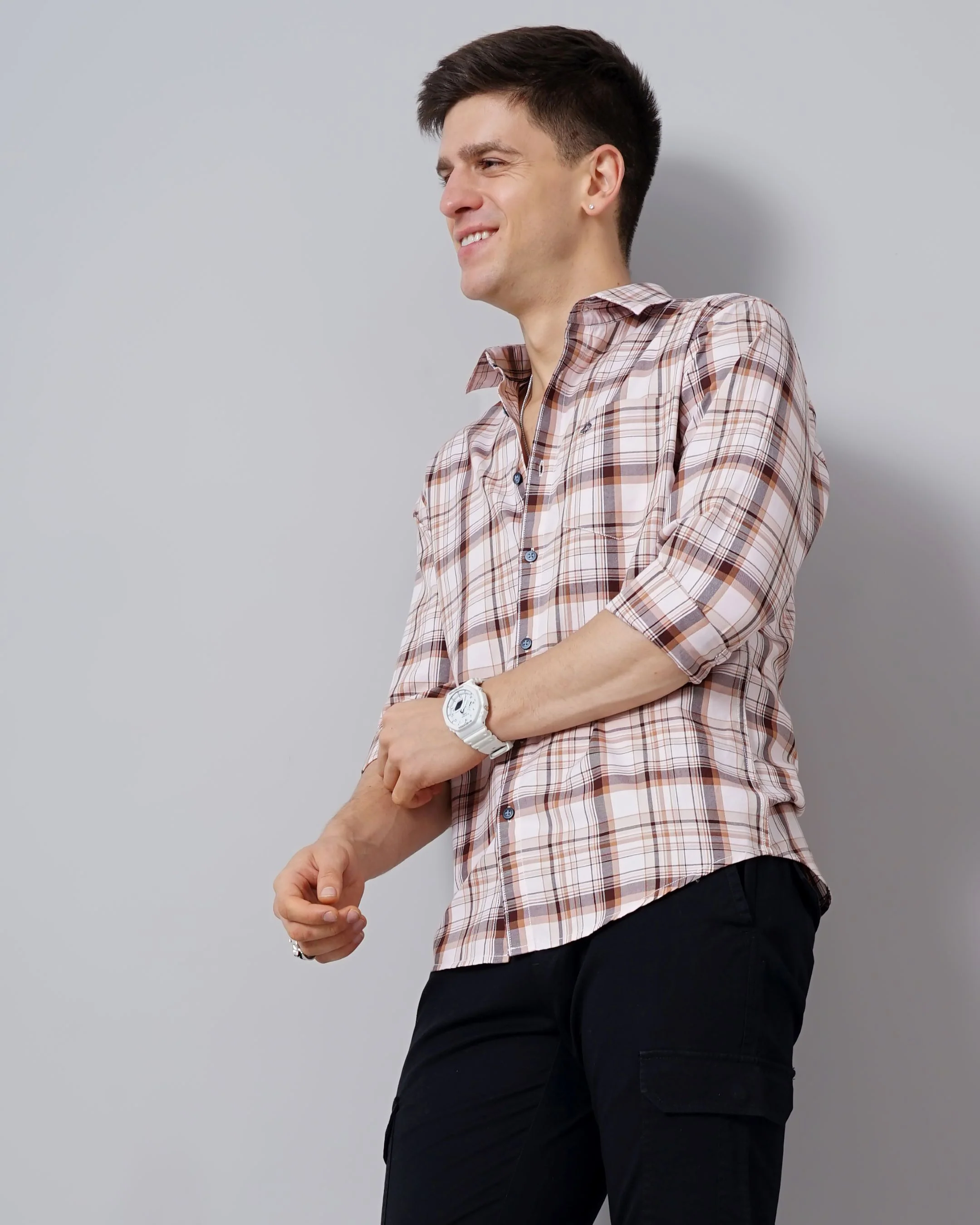 Men Orange Cotton Slim Shirt - Image 7