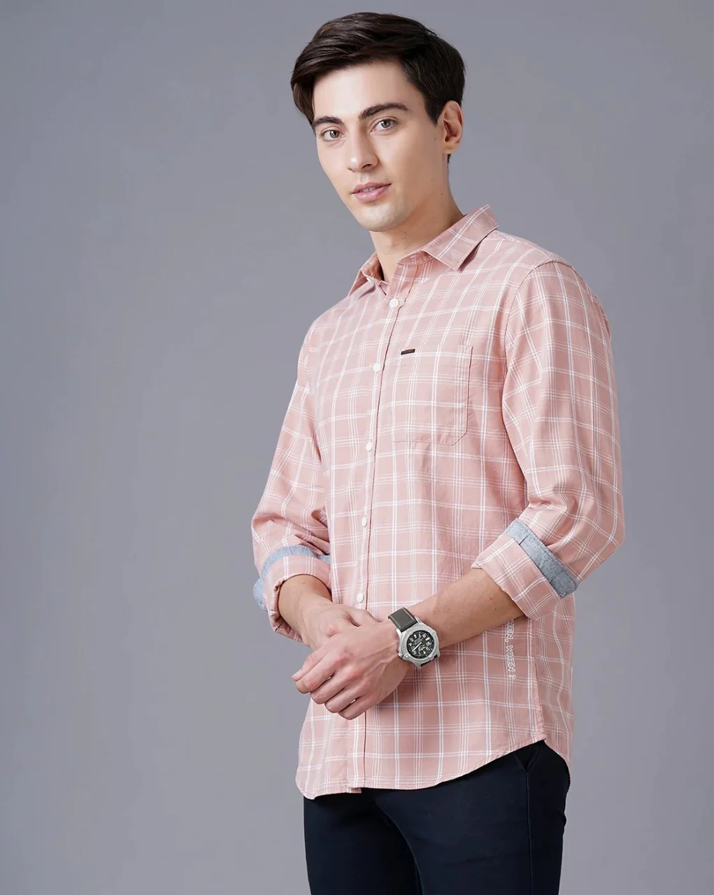 Men Orange Cotton Slim Shirt - Image 4