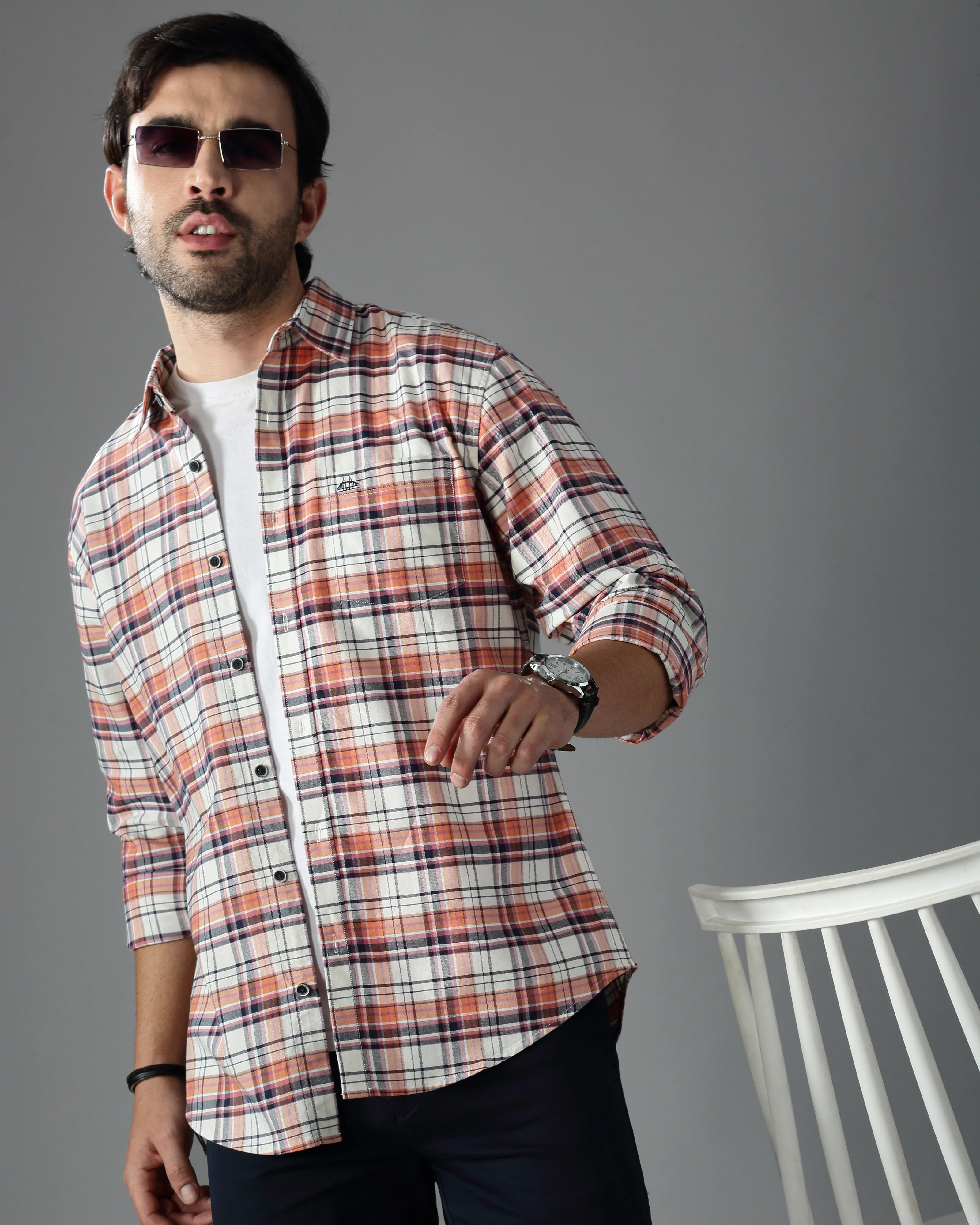 Men Orange Cotton Slim Shirt - Image 2