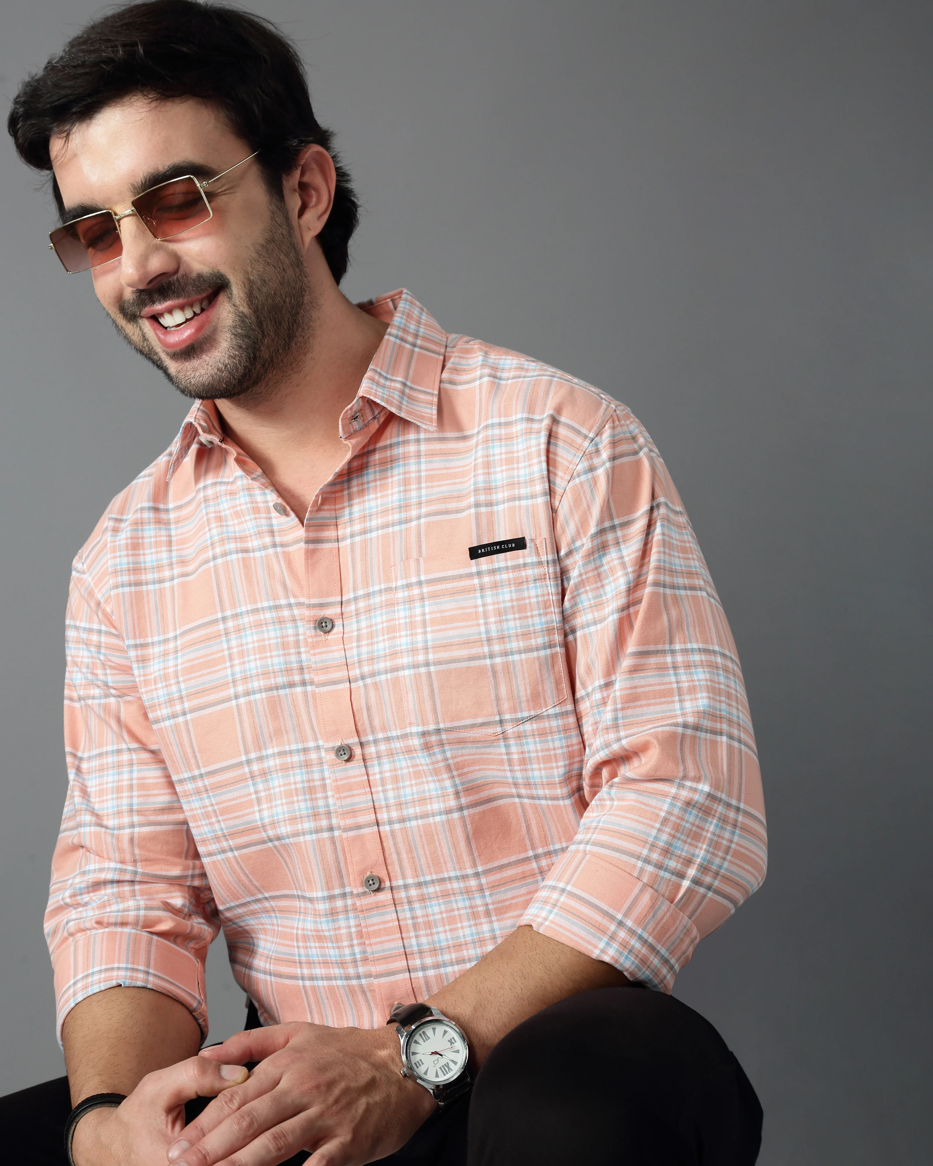 Men Orange Cotton Slim Shirt - Image 2