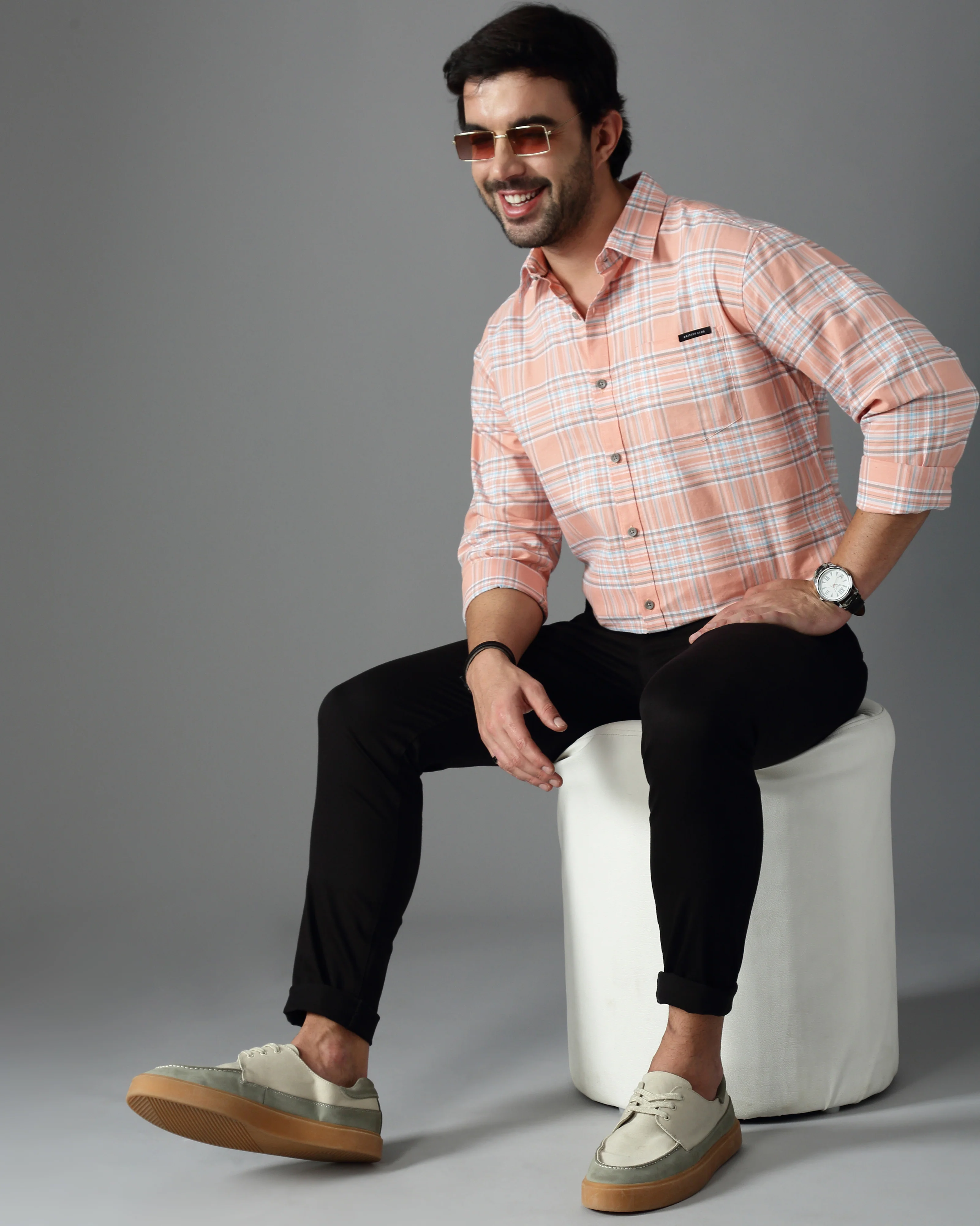 Men Orange Cotton Slim Shirt - Image 6