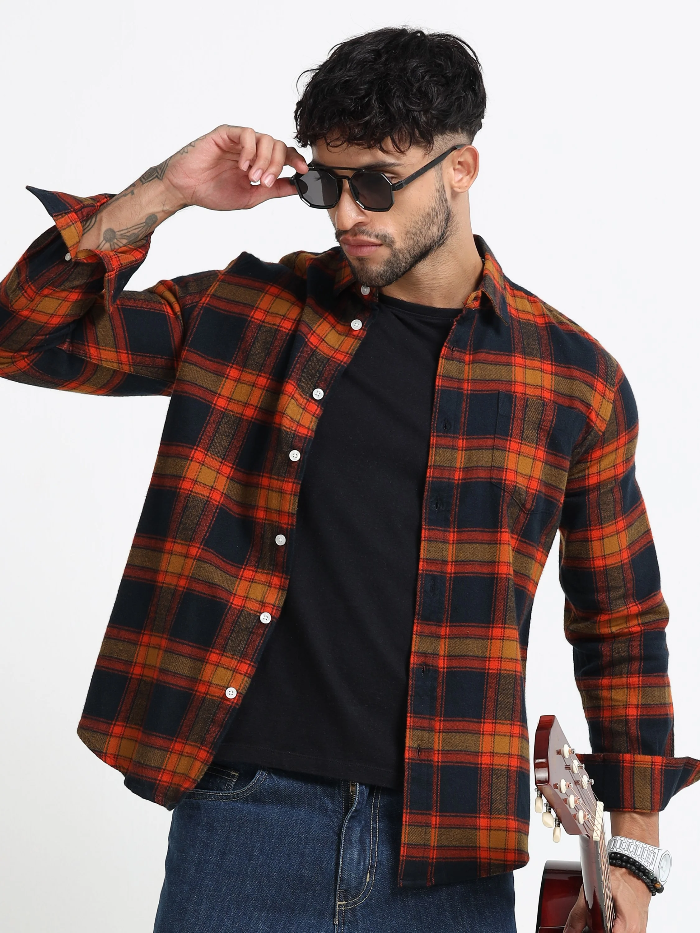 Men Orange Multi Check Shirt - Image 3
