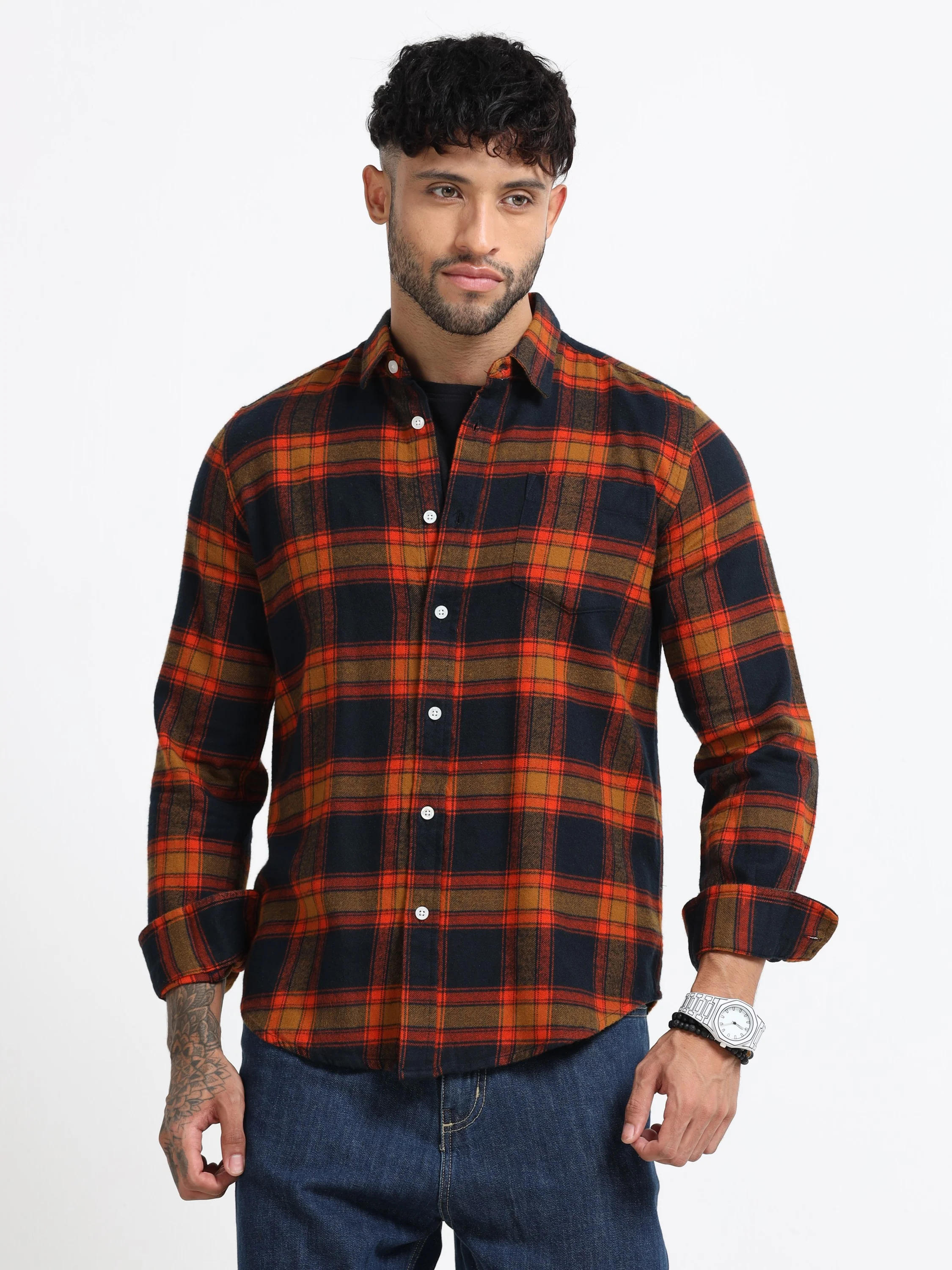 Men Orange Multi Check Shirt - Image 6