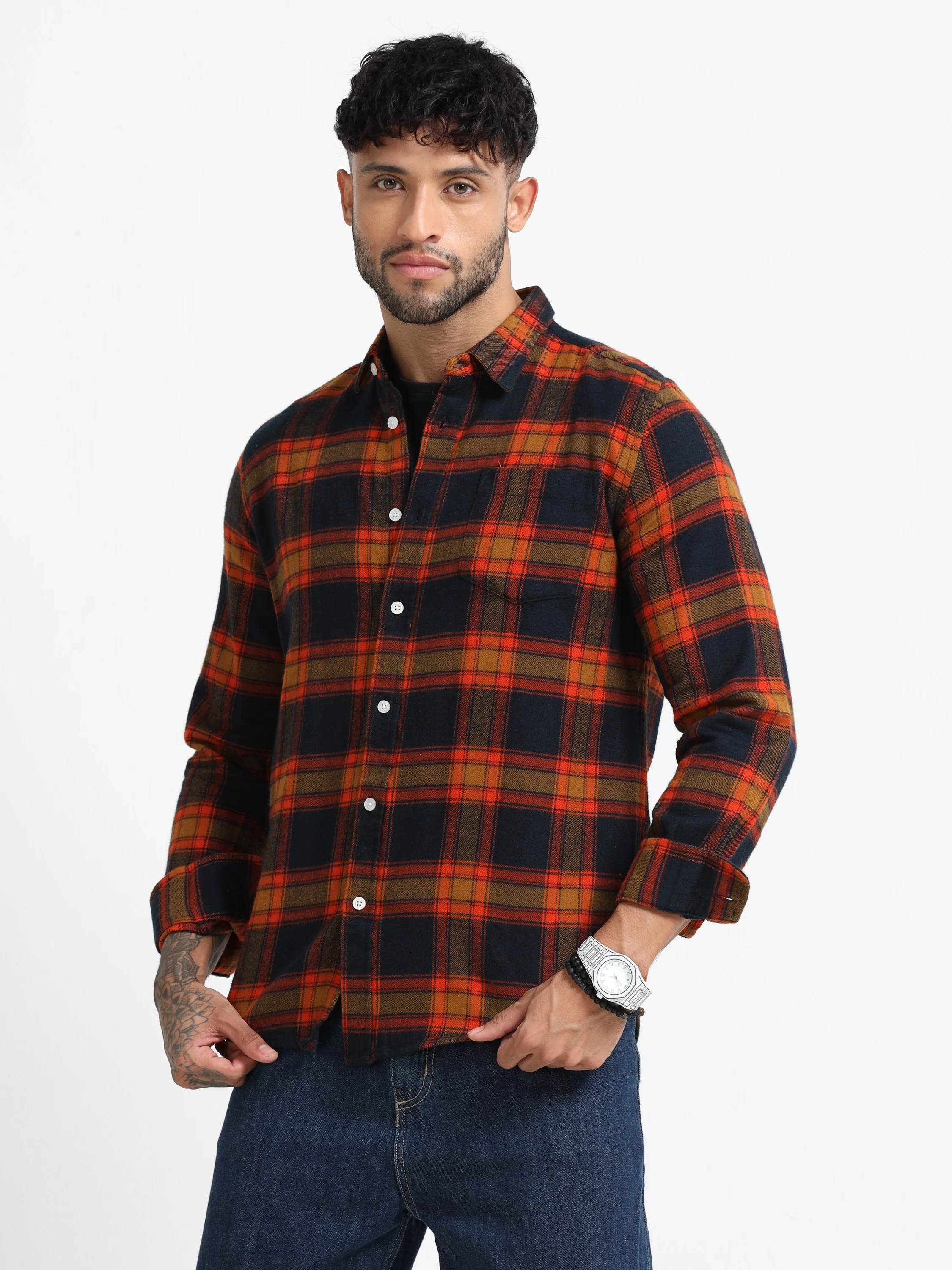 Men Orange Multi Check Shirt - Image 8