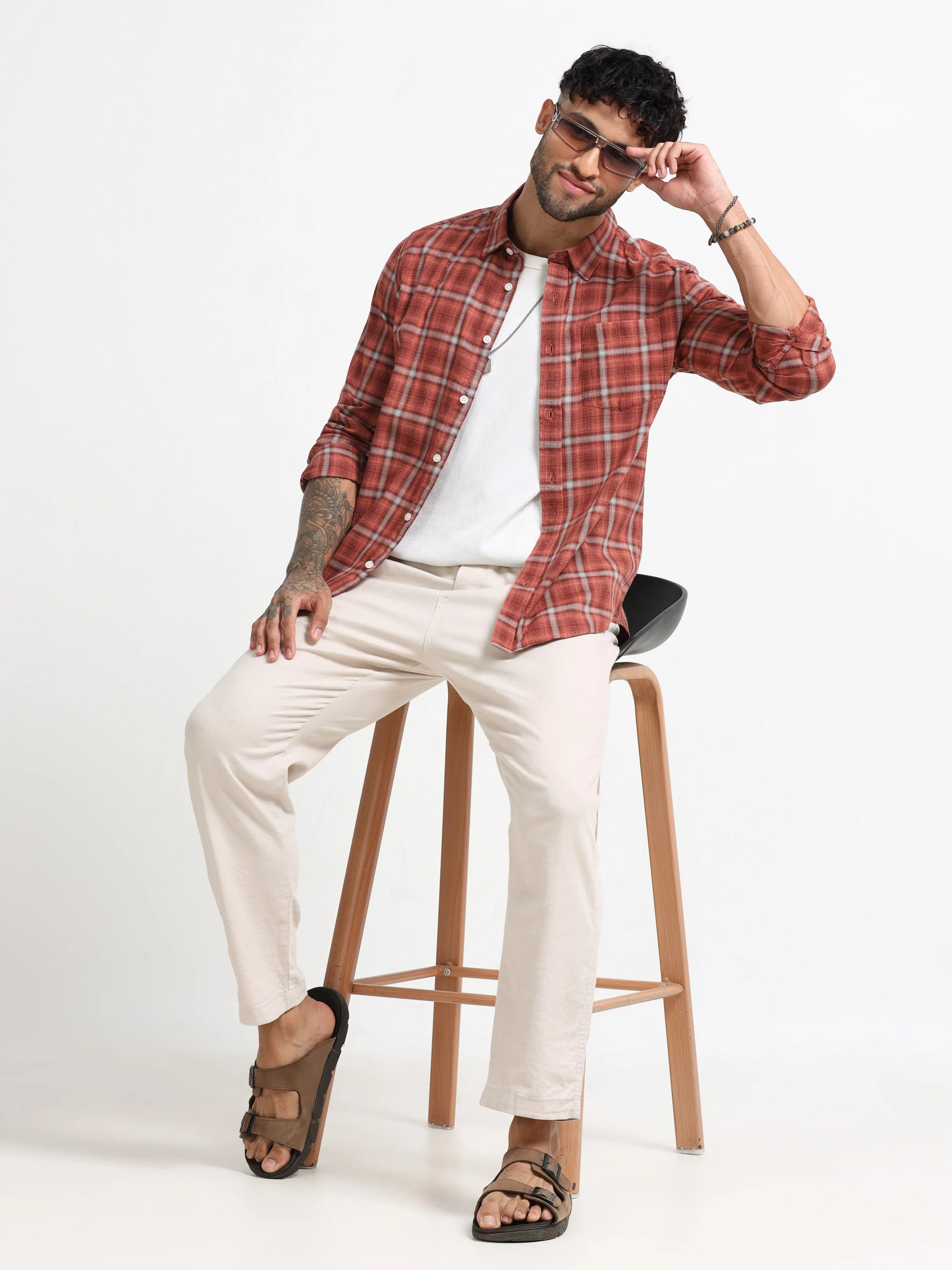 Men Orange Check  Shirt - Image 2