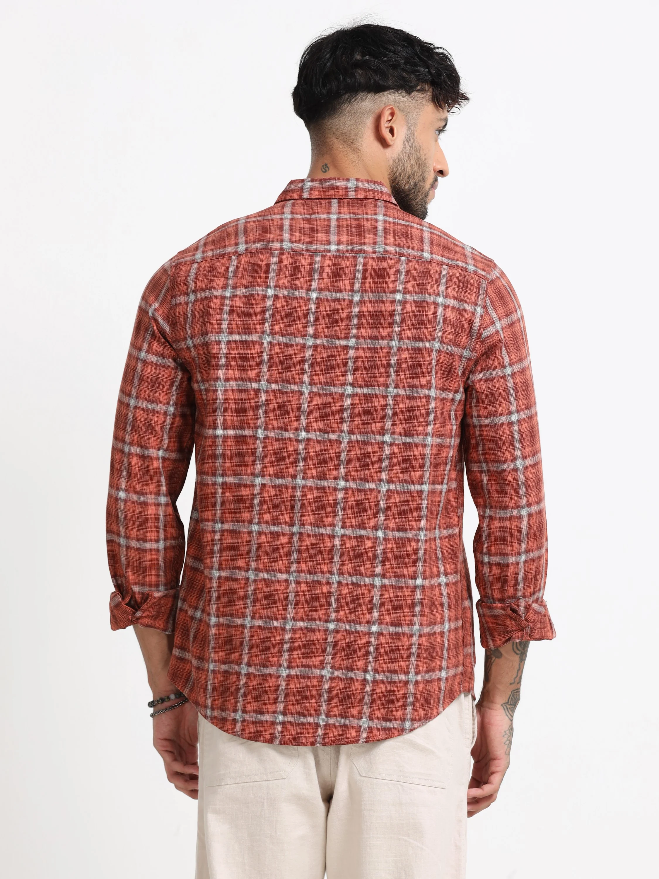 Men Orange Check  Shirt - Image 3