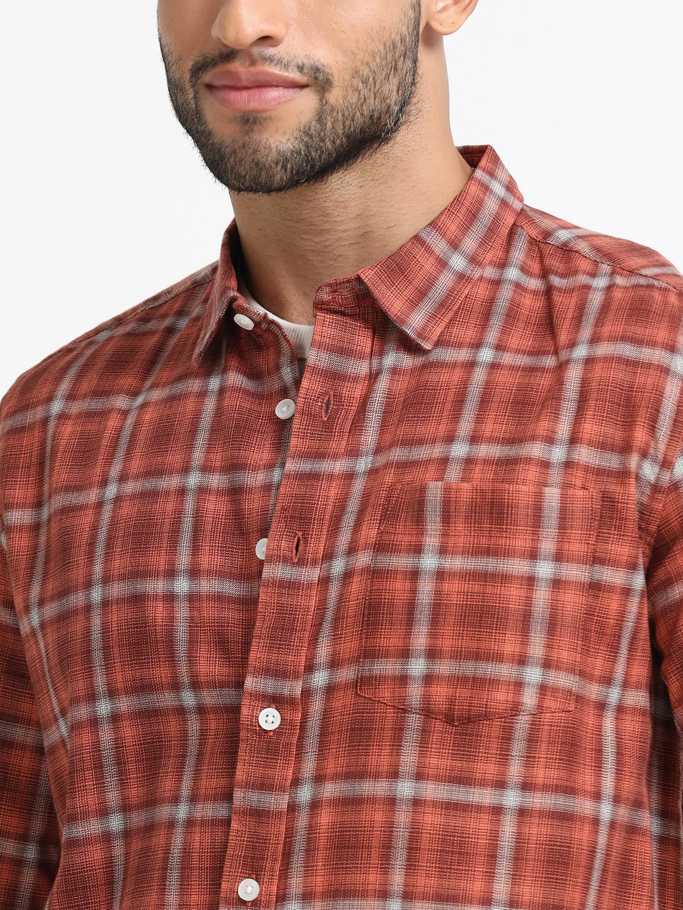 Men Orange Check  Shirt - Image 5