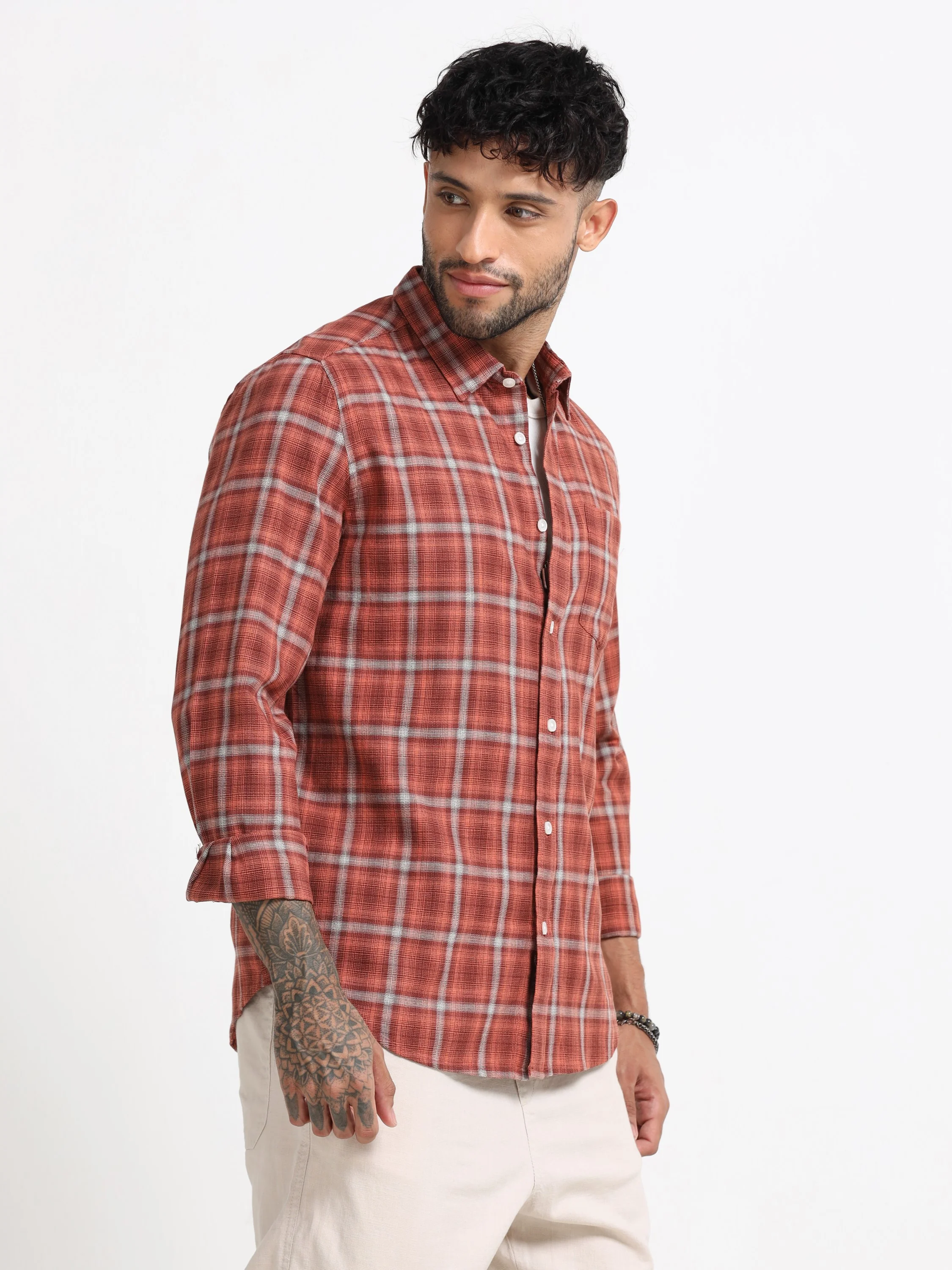 Men Orange Check  Shirt - Image 6