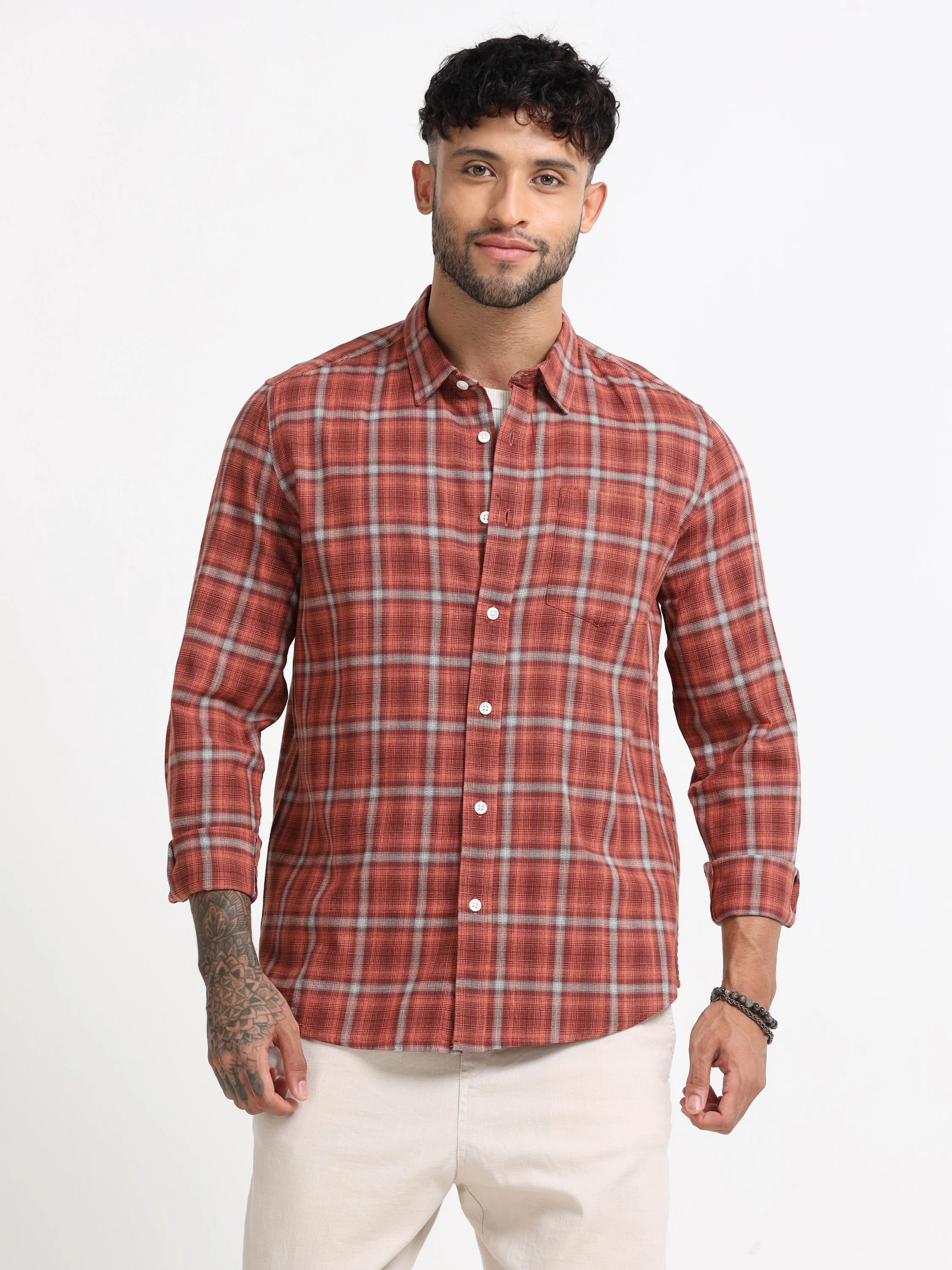 Men Orange Check  Shirt - Image 7