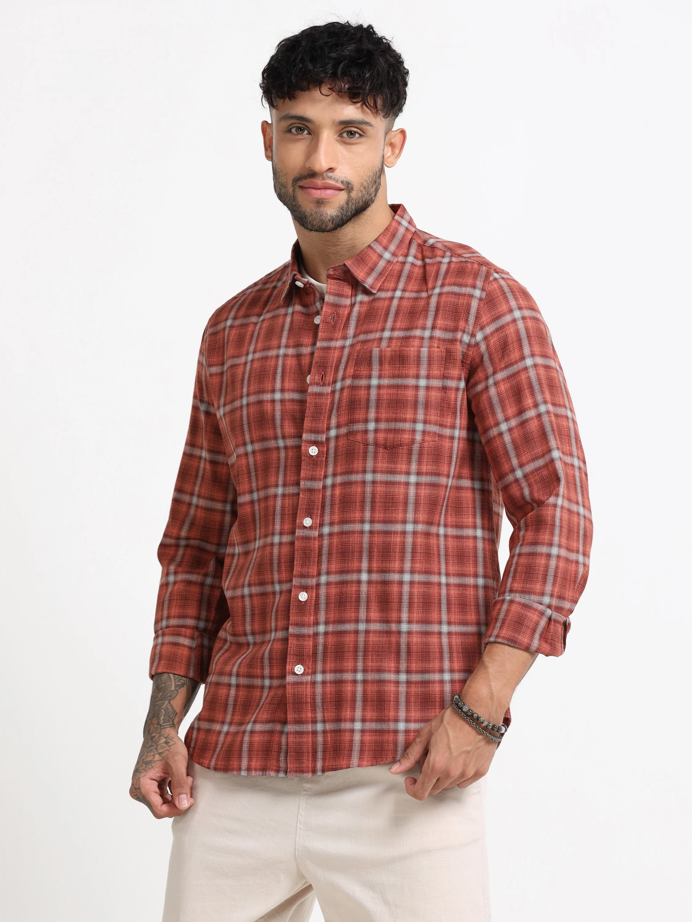 Men Orange Check  Shirt - Image 8